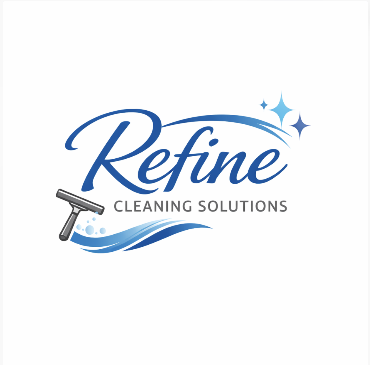 Logo for Refine Cleaning Solutions featuring a squeegee, waves, and sparkling stars.