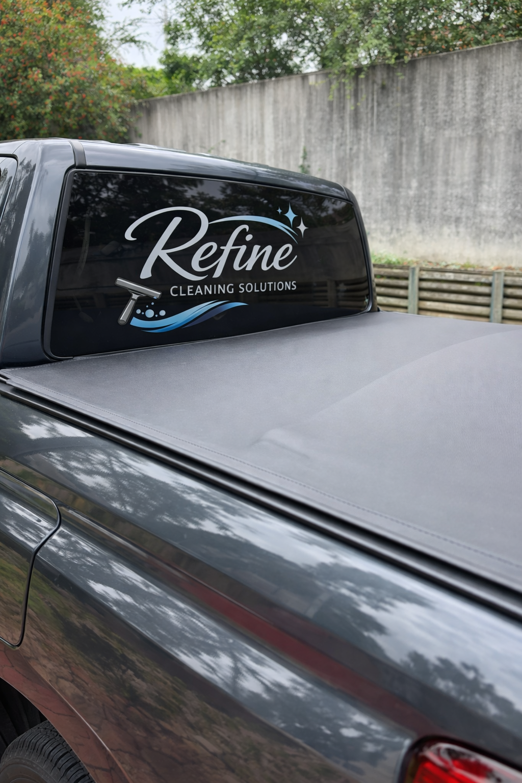 Close-up of a vehicle with a tinted back window displaying a logo for 'Refine Cleaning Solutions,' featuring cleaning spray and water waves, with a plain gray cover over the truck bed.