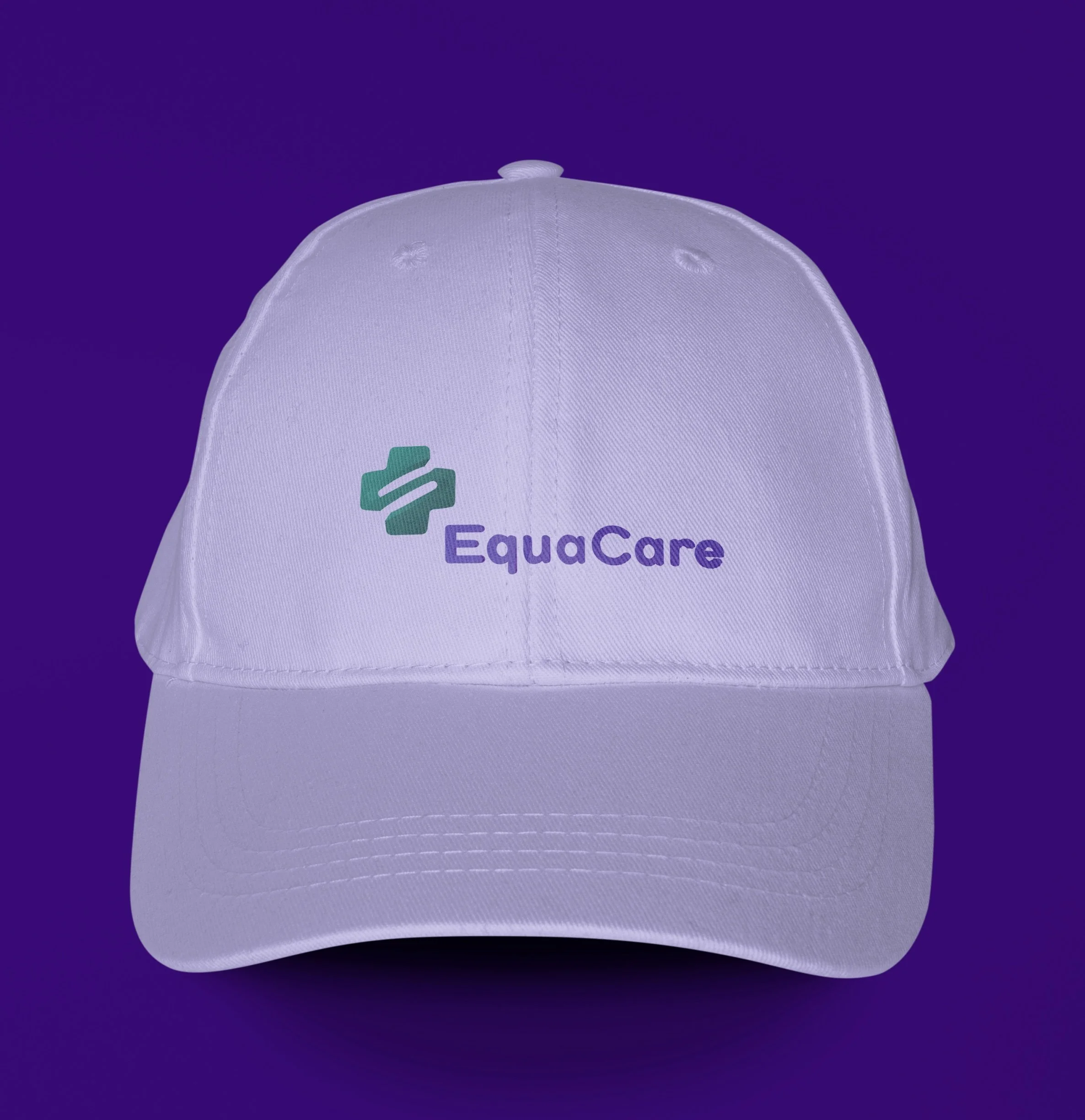 White baseball cap with a green and purple 'E' logo and the text 'EquaCare' on the front, placed on a dark surface with a purple background.