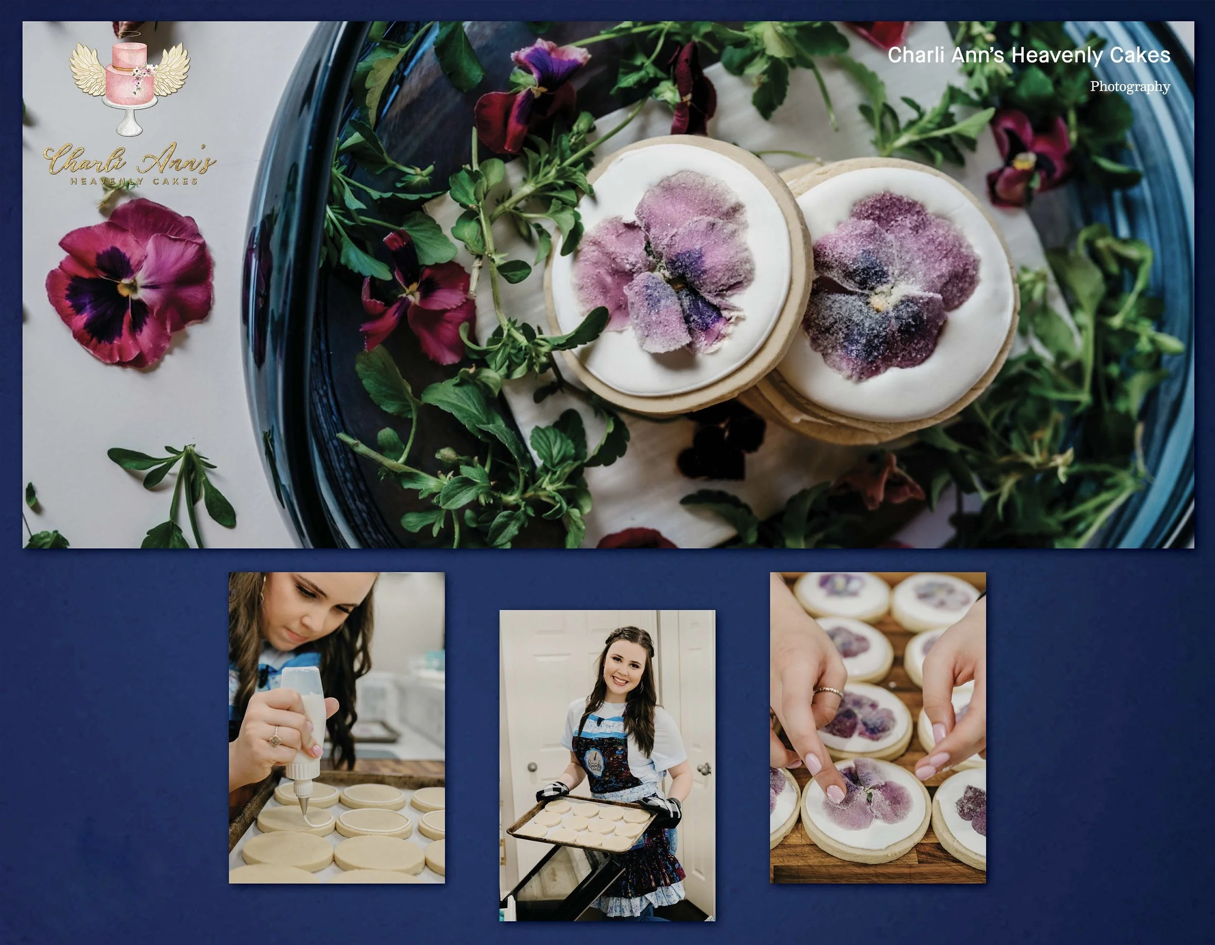 A display of decorated cookies with purple flower icing, surrounded by green leaves and petal decorations, on a blue tray. Several images of a woman creating the cookies and smiling are also shown in the collage.