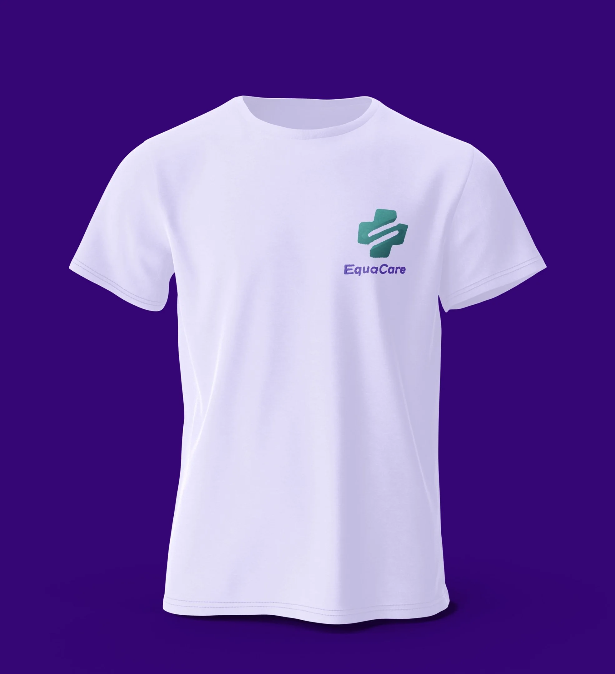 White t-shirt with a green and purple logo that reads 'EguaCare' on a purple background.