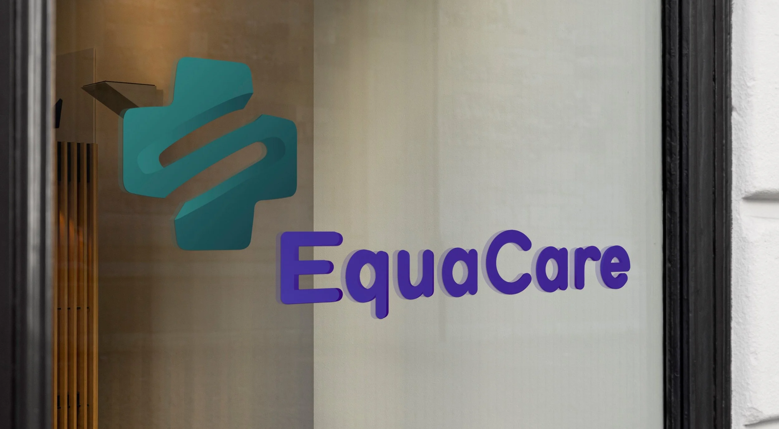 Glass window with a teal and blue logo of a stylized person and the words "EquaCare" in purple lettering.