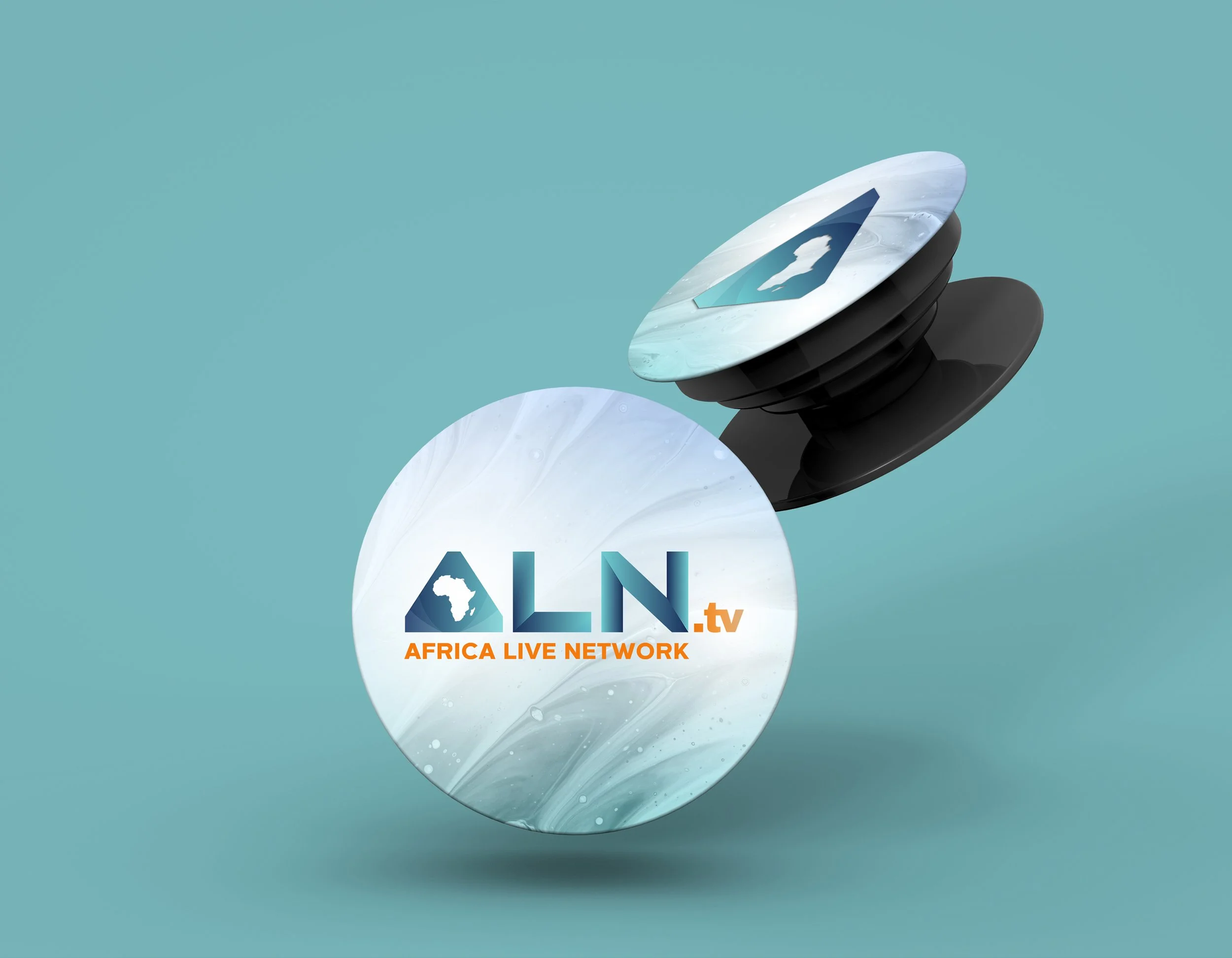 Logo for Africa Live Network, featuring a stylized silhouette of the African continent on a marble-textured background with a black circular base and a floating marble sphere.