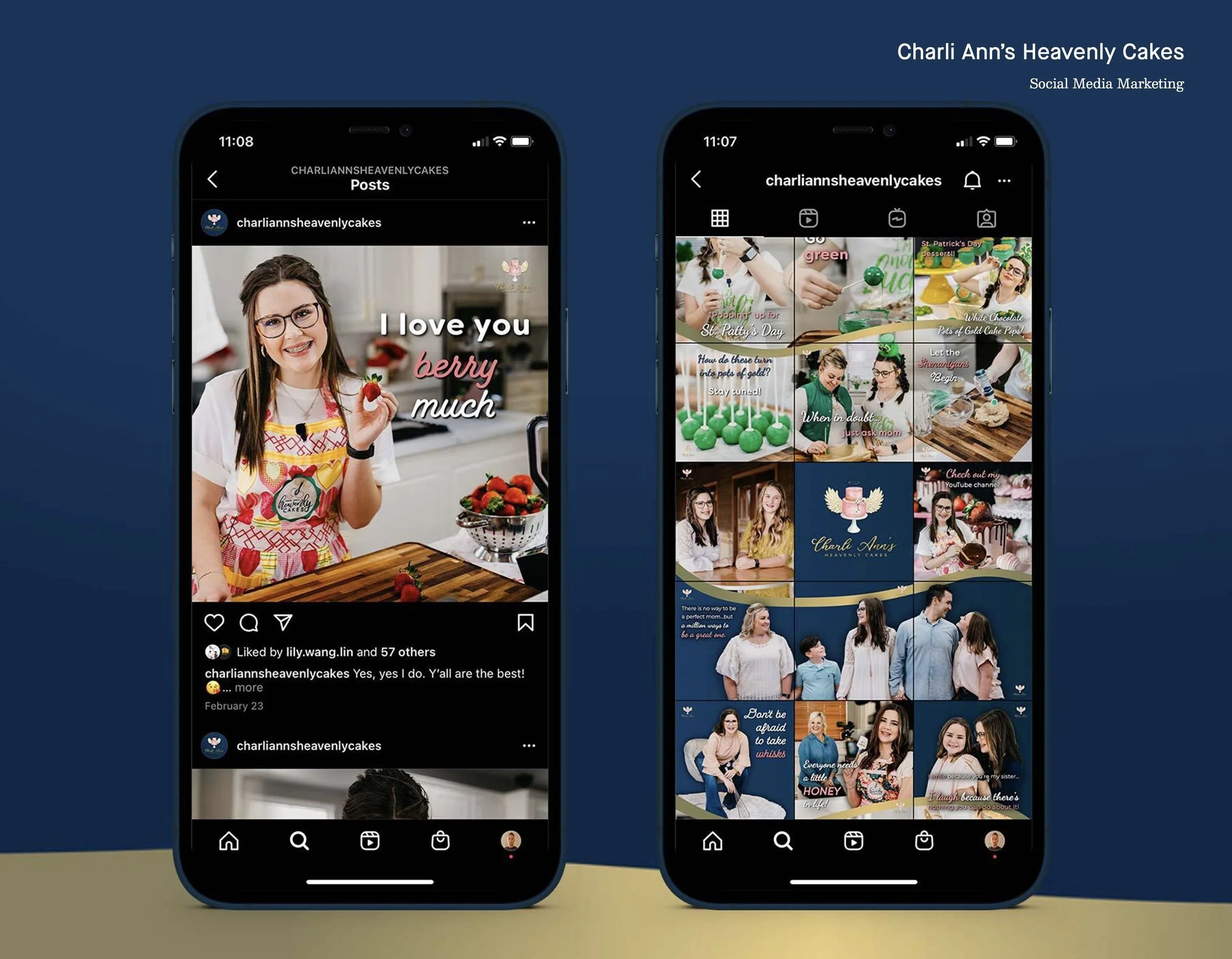 Two smartphone screens displaying Instagram profiles of Charlian's Heavenly Cakes, featuring photos of cake designs, baking activities, and related posts, with a background of blue and beige.