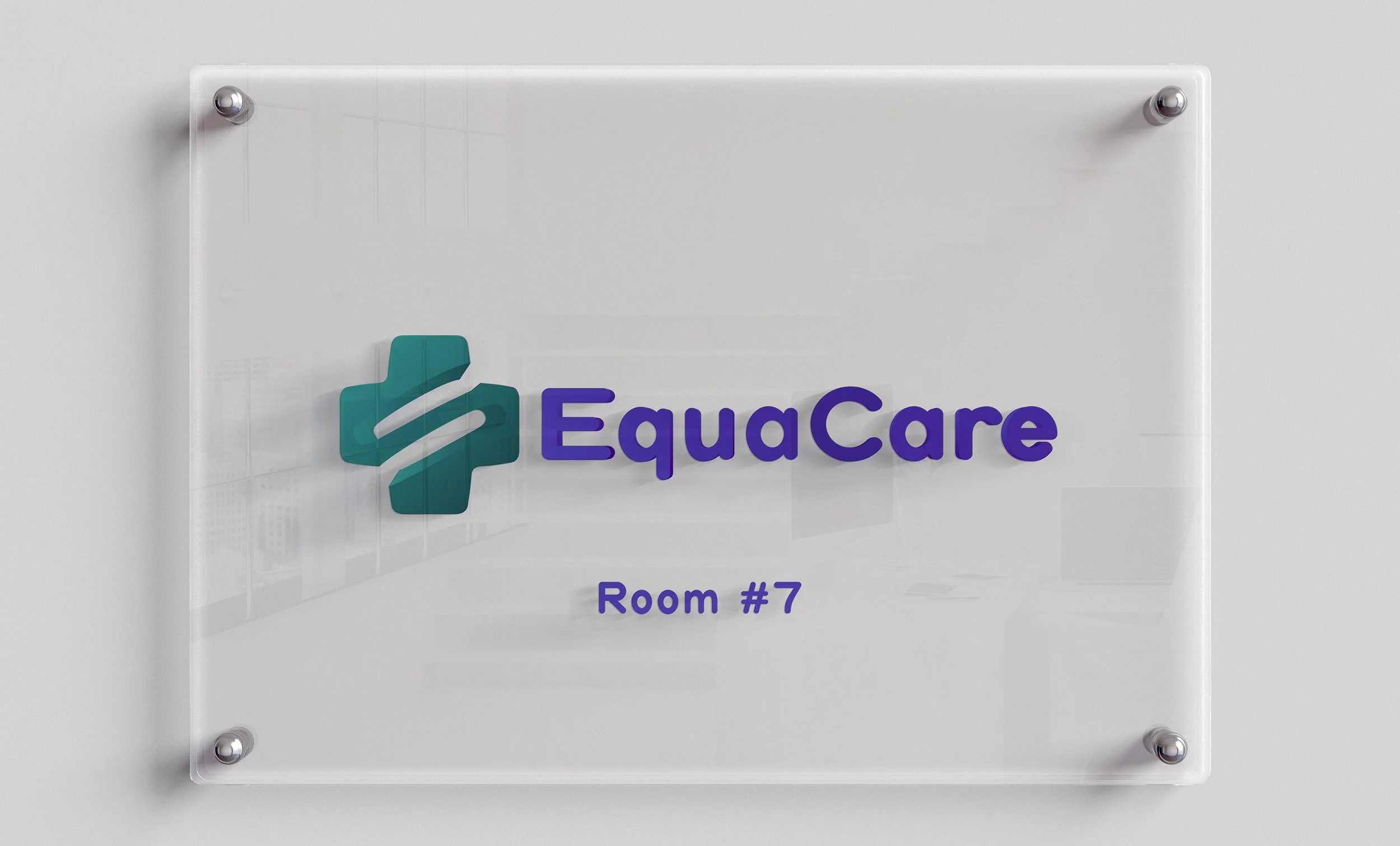Clear acrylic sign with teal and purple logo and text reading 'EuaCare' and 'Room #7', mounted with four metal standoff pins on a white wall.