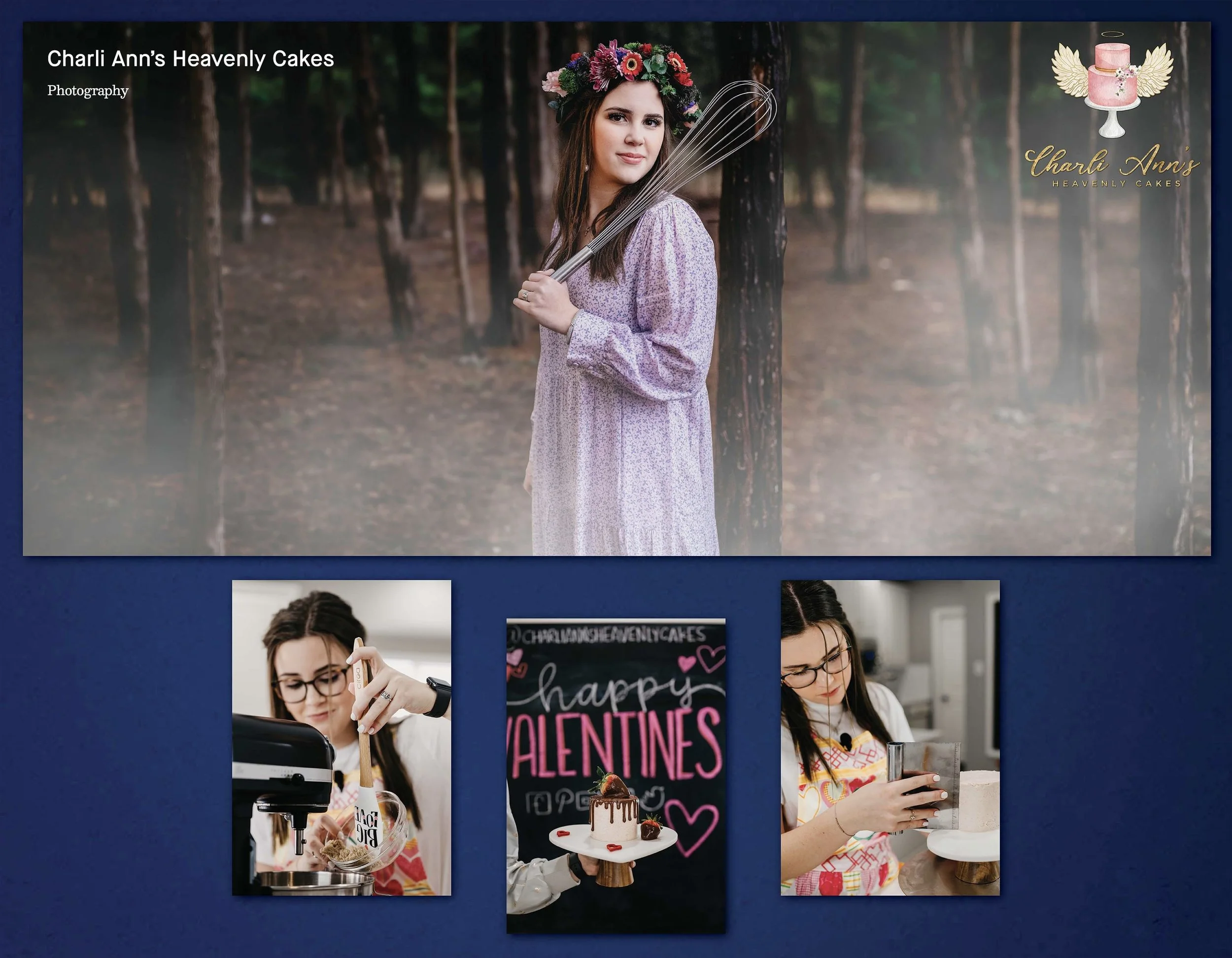 A woman with a floral crown holding a whisk in an outdoor wooded setting for Charli Ann's Heavenly Cakes website. Additional images include a woman with glasses working with a food item, a chalkboard sign with Valentine's Day messages, and a woman using a tablet or phone in a workspace.