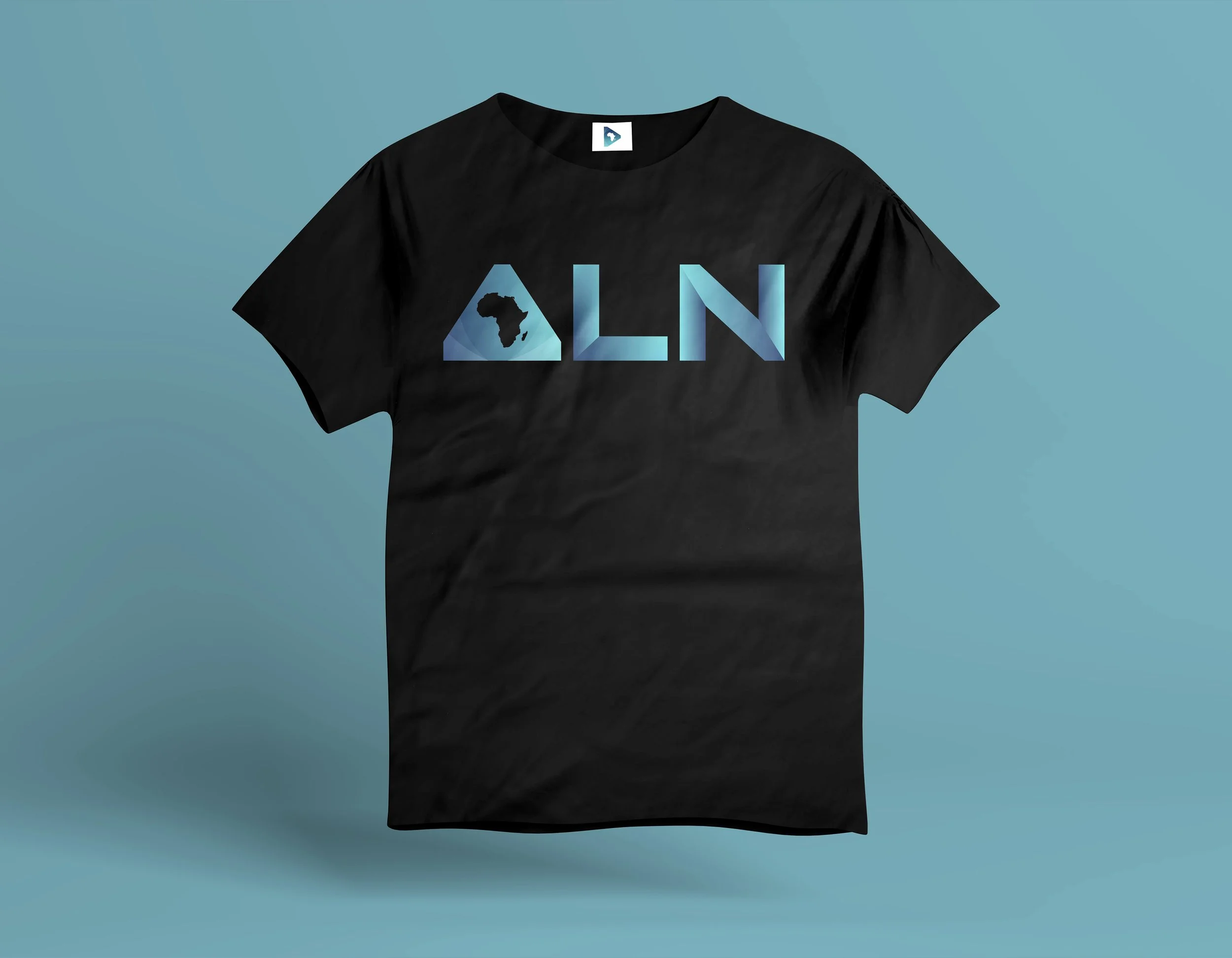 Black T-shirt with the word "ALN" printed in blue gradient letters, a stylized map of Africa inside the letter "A," and a simple background.