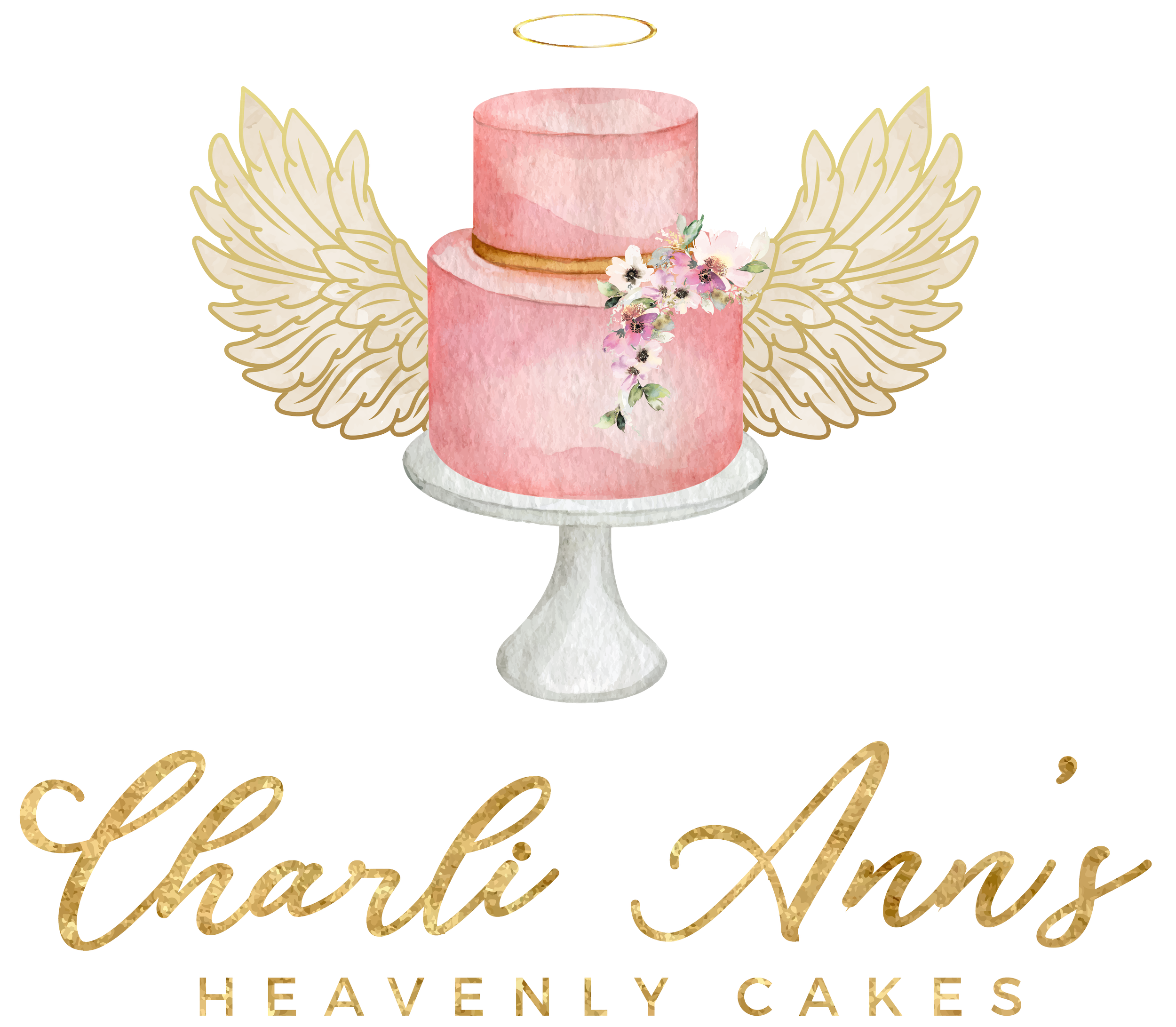 Watercolor illustration of a two-tier pink cake with a gold ribbon and a floral decoration, with angel wings behind it and a gold halo above, on a cake stand. Gold script text spelling 'Celebrate' is below.