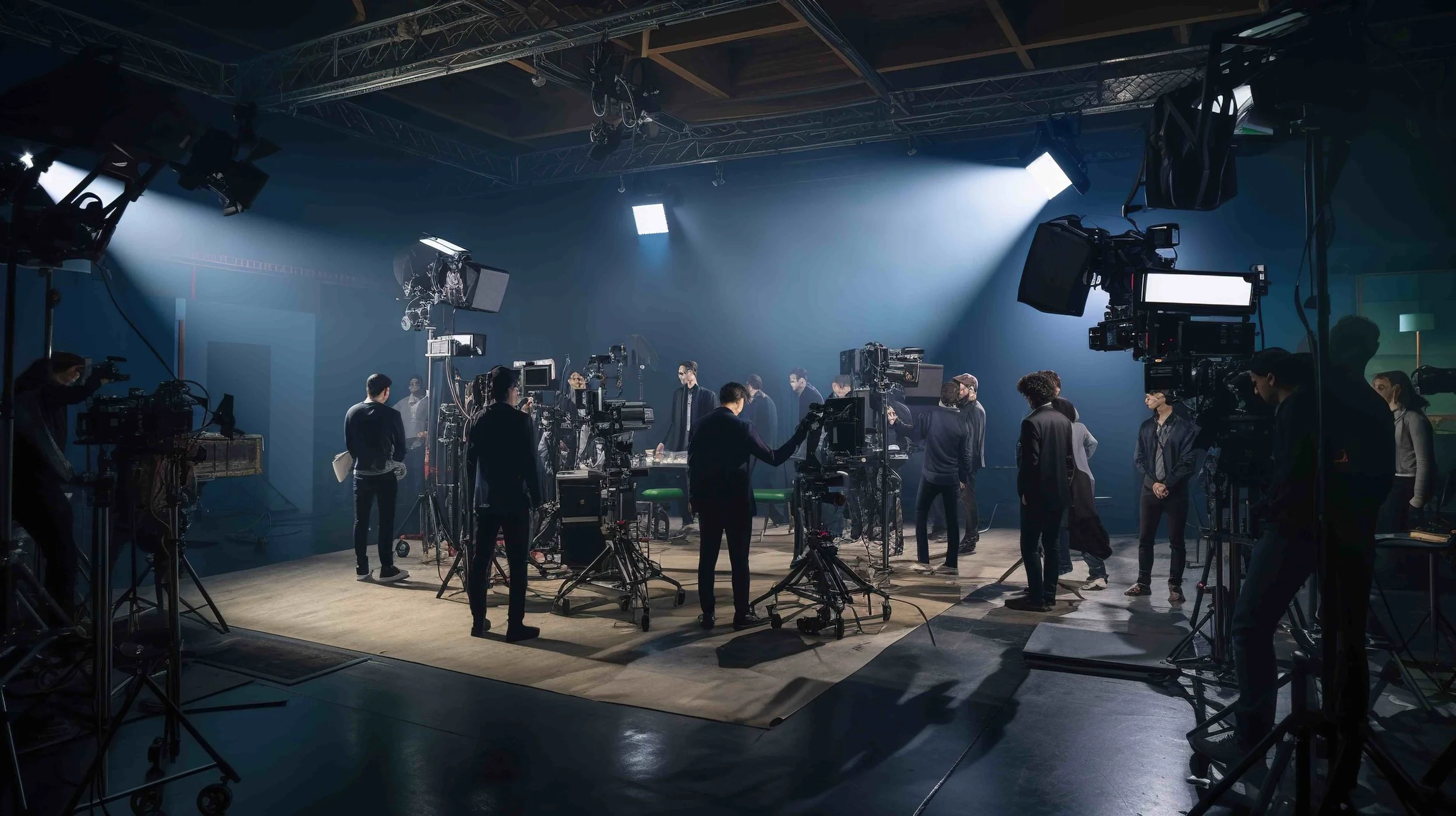 A production set with multiple cameras, lighting, and crew members preparing for a shoot in a dimly lit studio with blue walls and a wooden floor.