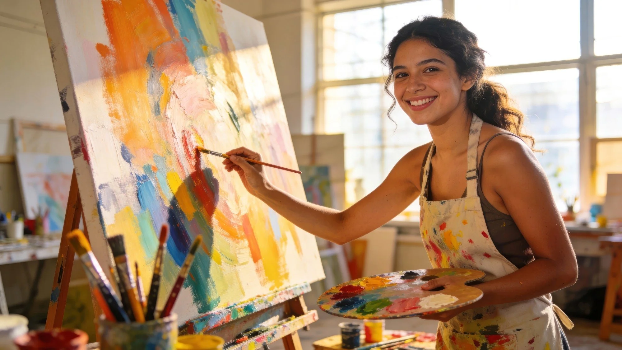 A young woman with curly dark hair and a big smile painting on a canvas in an art studio. She is wearing a paint-splattered apron and holding a palette, with various brushes in the foreground.