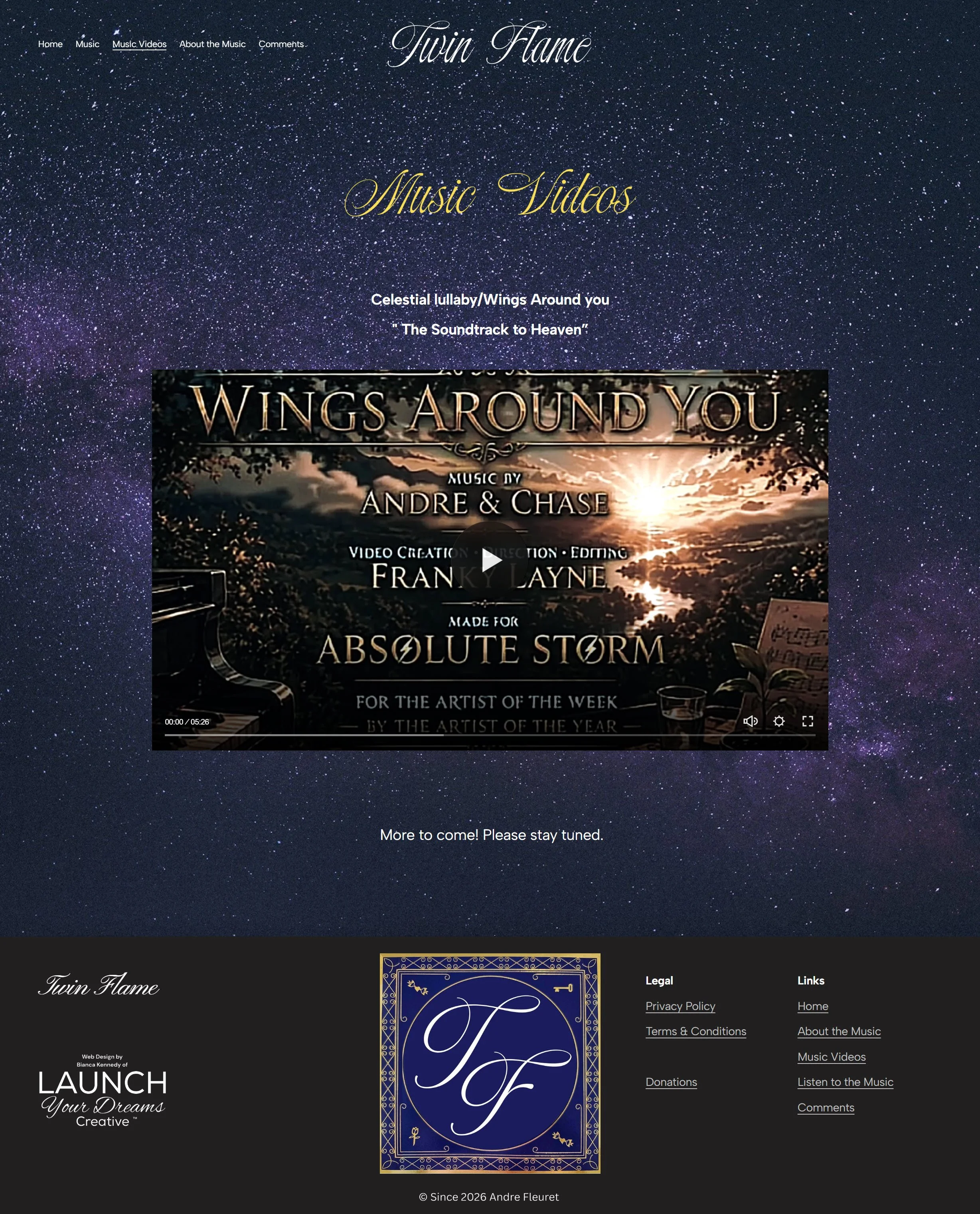 Website homepage for Twin Flame, featuring a starry night sky background with navigation menu at the top, a featured video in the center titled 'Wings Around You' by Andre & Chase, and footer links for legal information and site navigation.