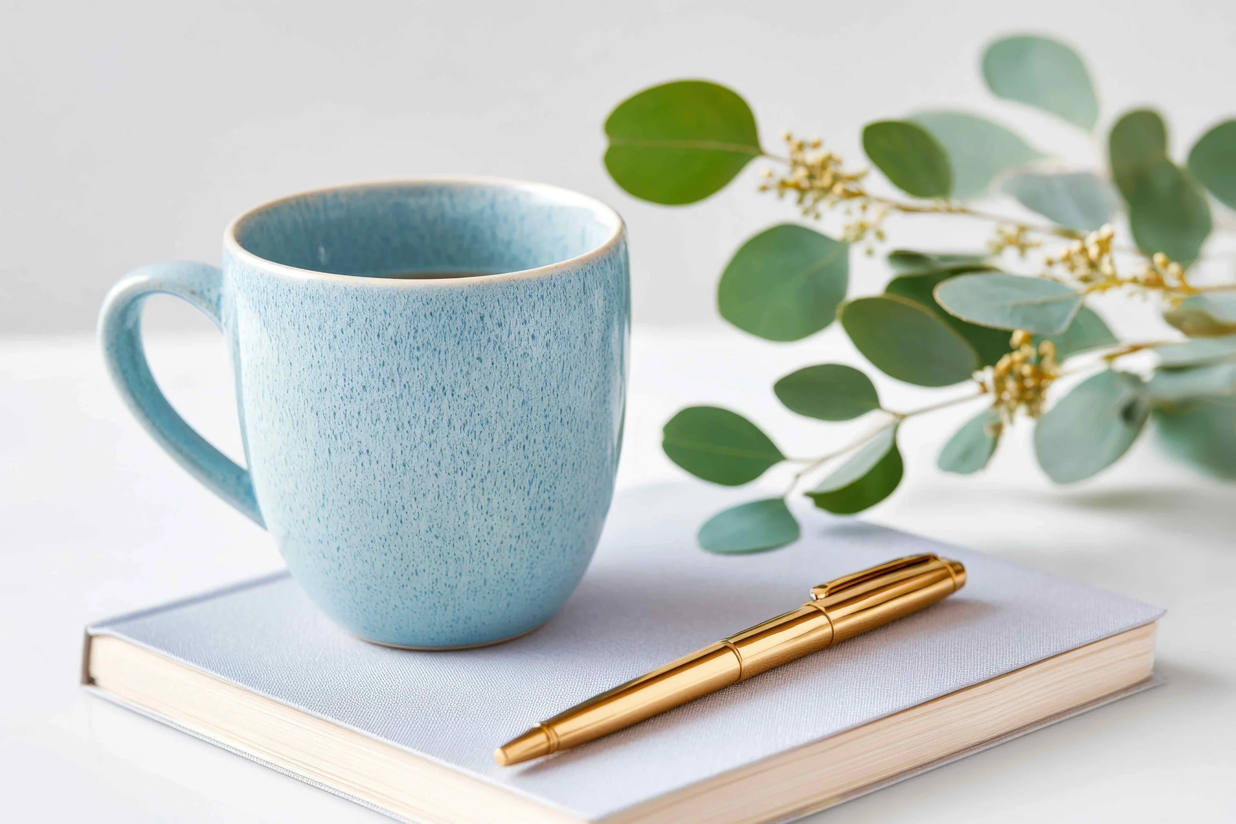 A light blue ceramic mug on a closed white book, with a gold pen resting beside it, and eucalyptus leaves in the background.