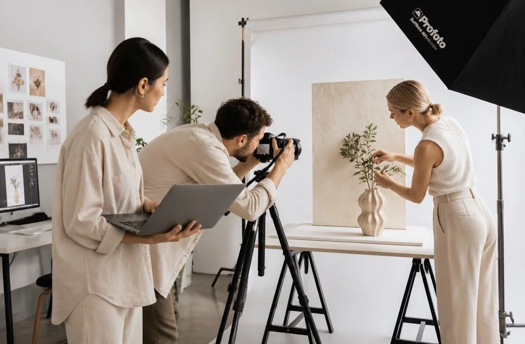 Photo of a photo shoot with a woman arranging a plant in a vase, two photographers taking pictures and reviewing photos, and a backdrop with a canvas and artificial lighting in a studio.