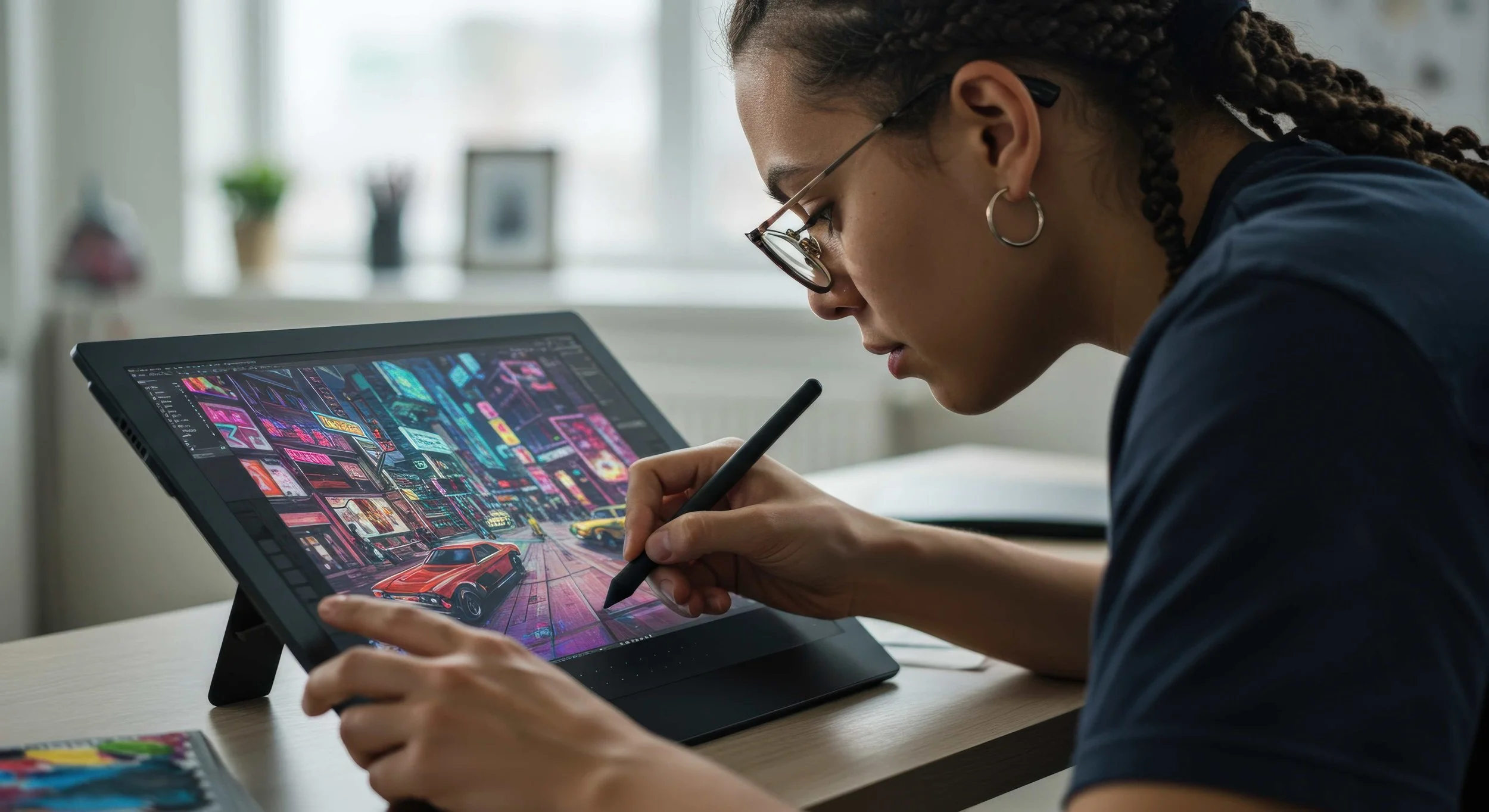 A person with glasses using a digital drawing tablet, working on colorful digital artwork of cars and cityscape imagery.