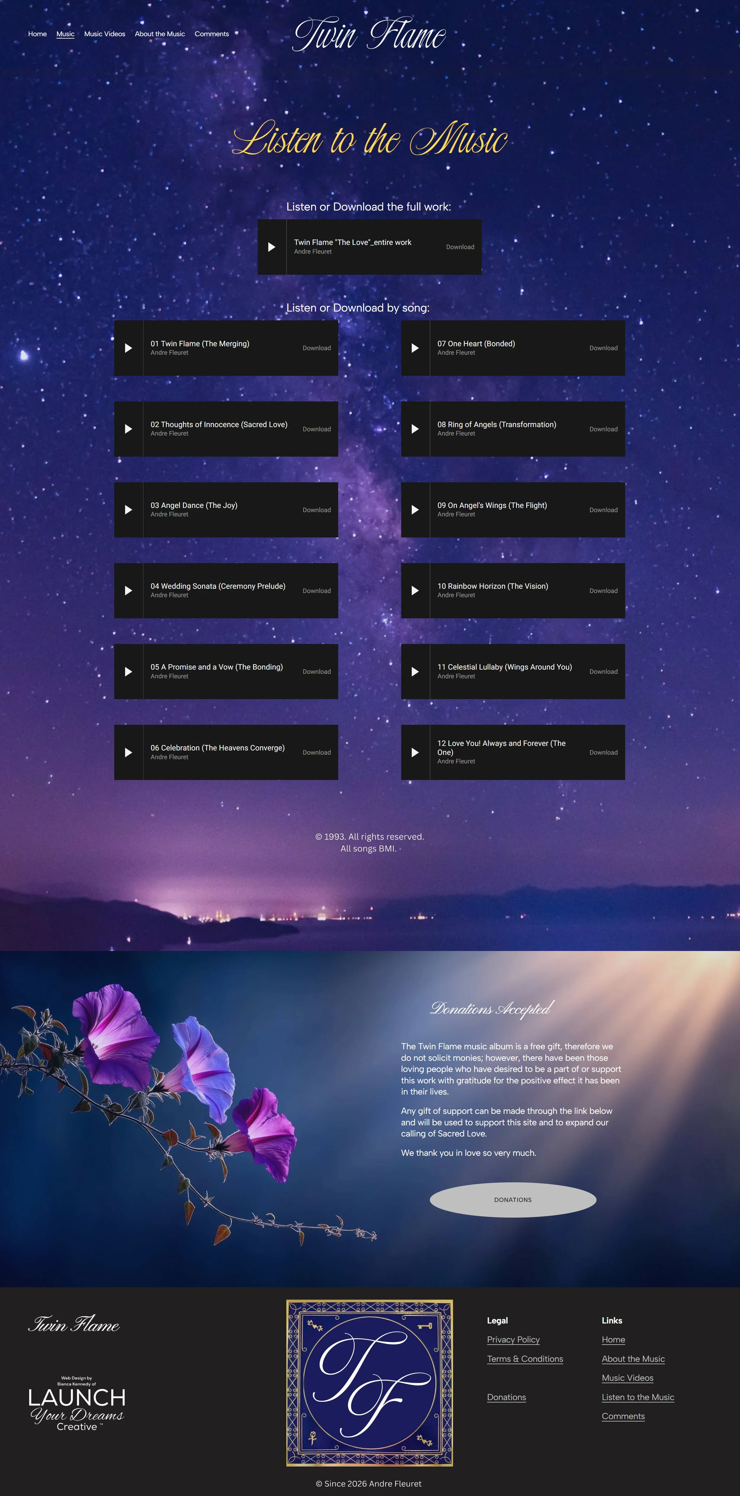 Screenshot of a music website for Twin Flame, featuring a starry night sky background, with song listings and download options, and decorative flowers at the bottom.