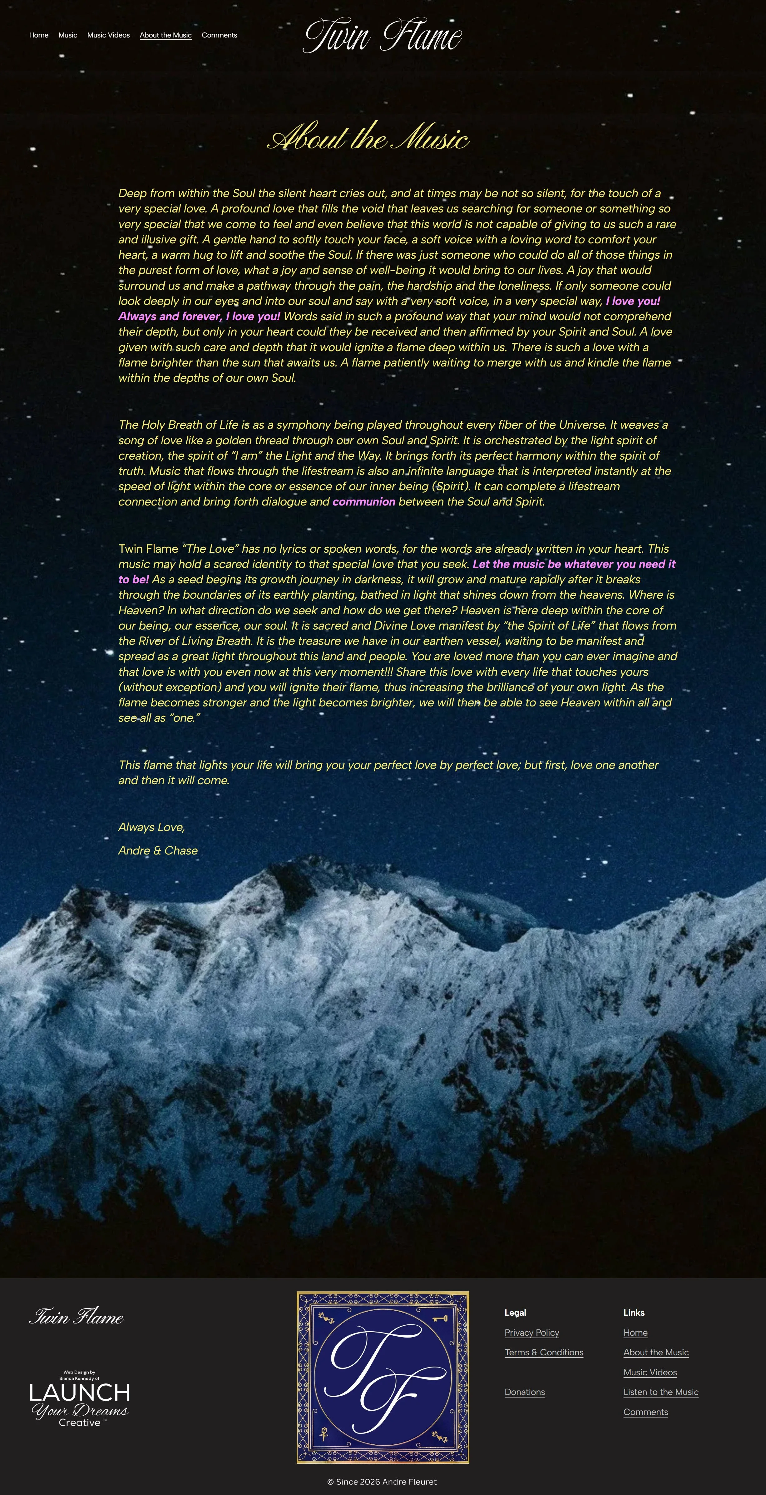 A mountain range covered in snow against a starry night sky with the text 'Twin Flame' and 'About the Music' written in elegant script. The webpage contains poetic text about love, life, and spiritual connection, with a logo at the bottom and website navigation links.