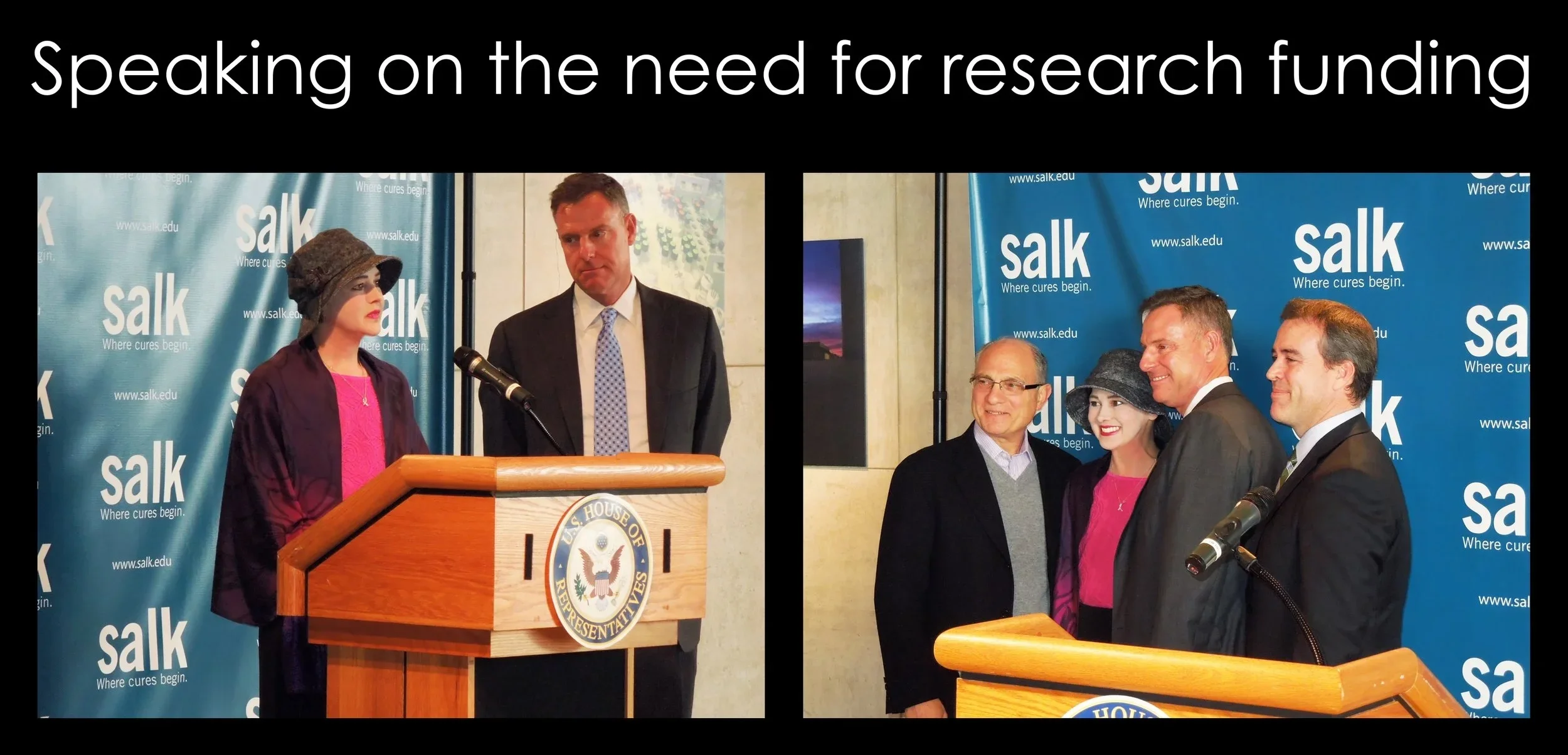 Group of people in a press conference event standing in front of a blue banner with the logo of Salk Institute. Woman is a bald chemo patient in a hat and pink blouse speaking about breast cancer at a podium, with men listening and smiling nearby.