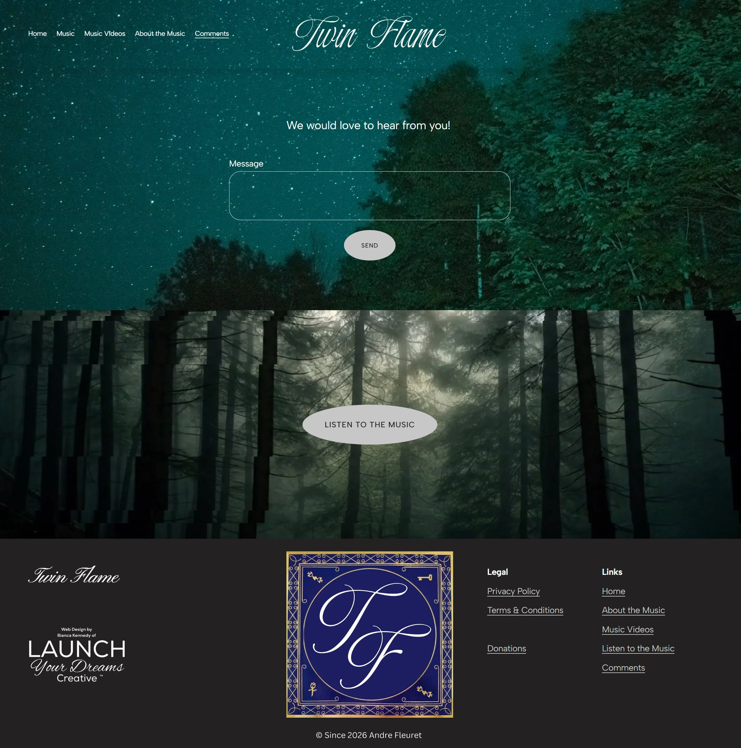 A website homepage for Twin Flame with a background of a starry night sky and trees, featuring navigation links, a message sign-up form, and decorative design elements.