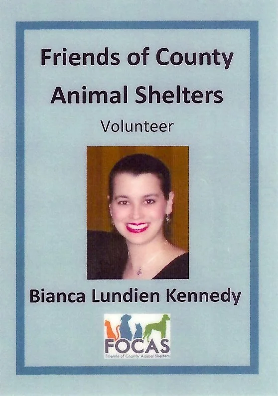 Volunteer badge for Bianca Lundien Kennedy from Friends of County Animal Shelters, featuring her photograph, organization logo with silhouette animals, and text.