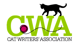 Logo of Cat Writers' Association with a black cat silhouette and green text and a pink ball of yarn.