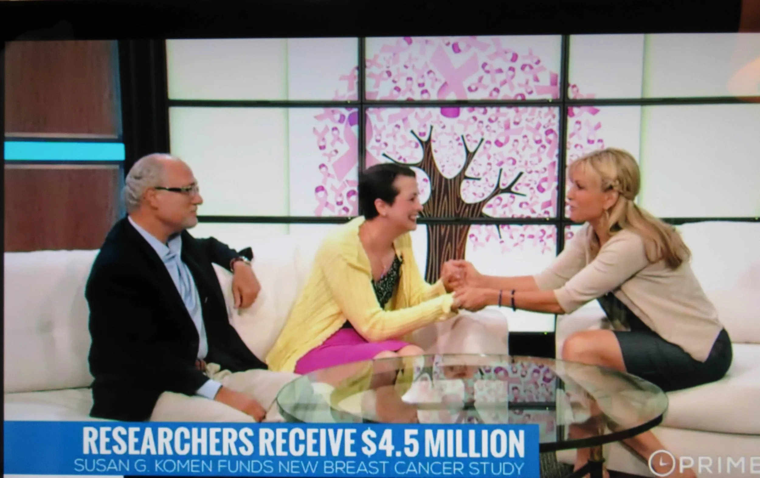 Two women and a man sitting on a couch, talking and holding hands, with a colorful art piece featuring a pink tree with a pink ribbons in the background.