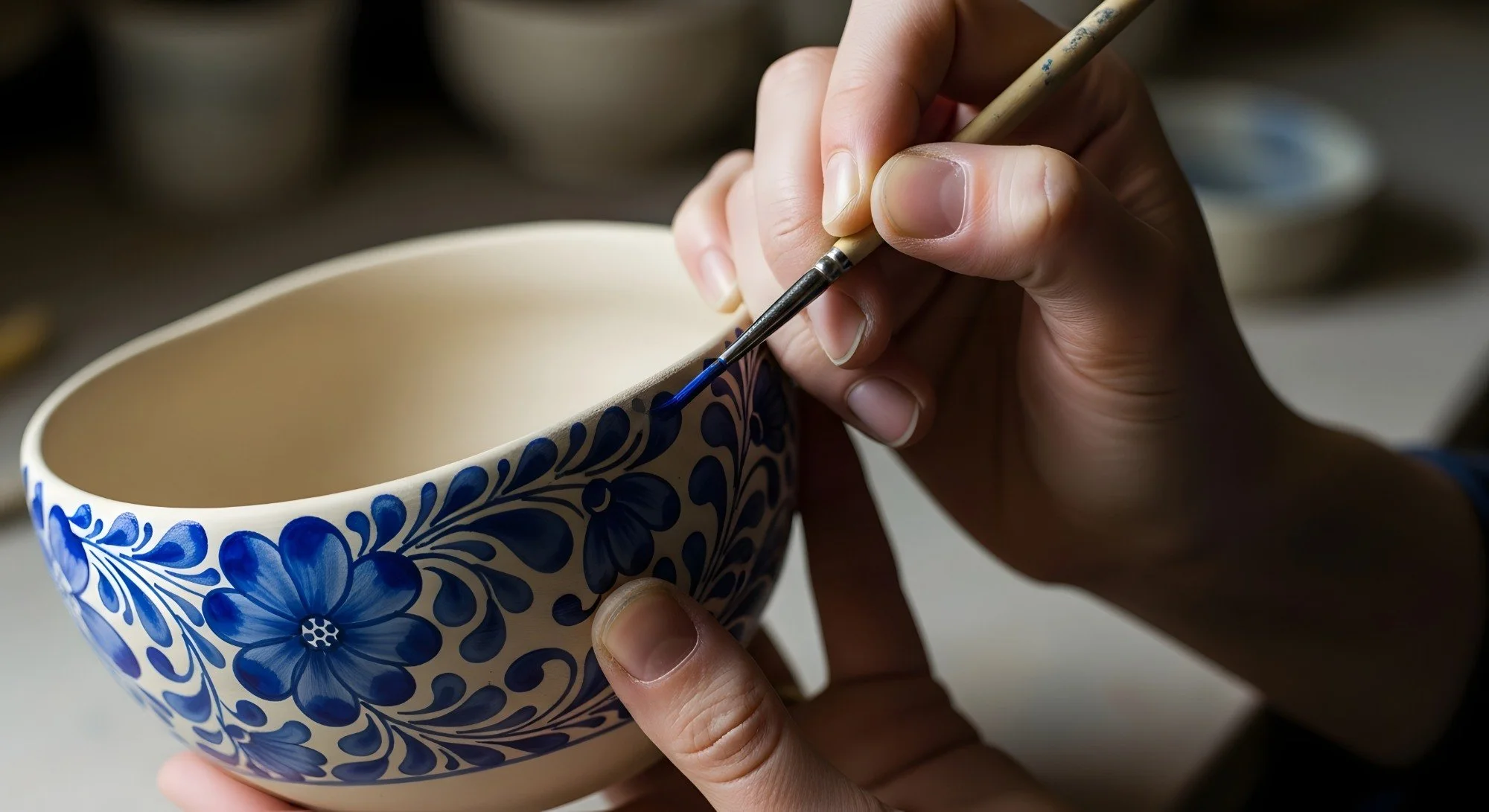 Close-up of a person painting pottery - a blue floral design on a ceramic bowl with a small paintbrush.