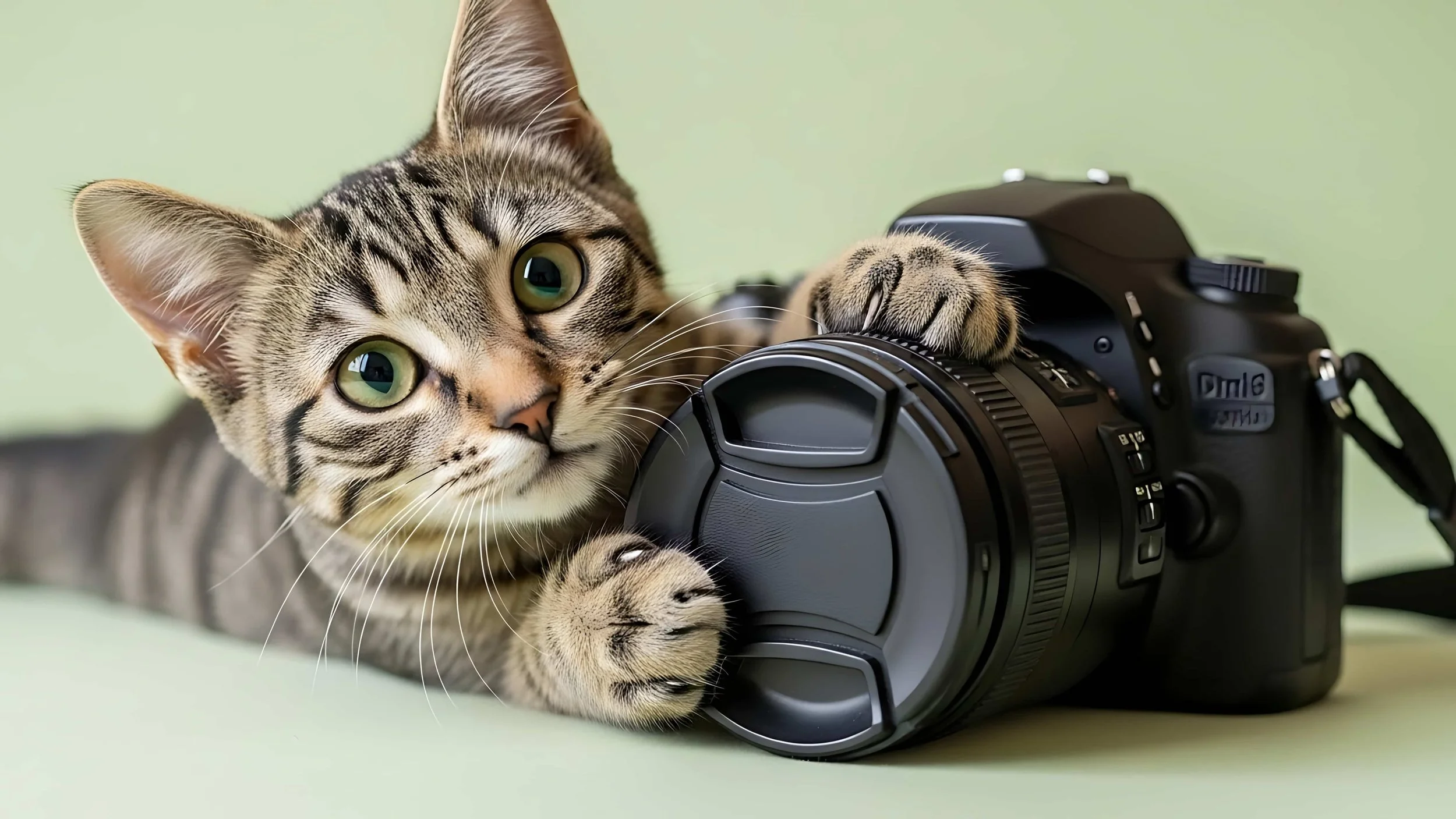 A tabby cat with green eyes lying down and playfully holding a camera with its paws against a light green background.