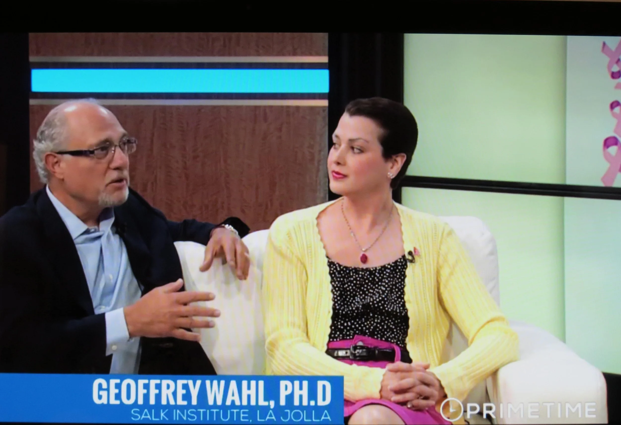 A man and a woman sitting together during an interview on television. The man is wearing glasses and a dark suit, while the woman has short dark hair. There is text at the bottom identifying Geoffrey Wahl, Ph.D., from Salk Institute, La Jolla.