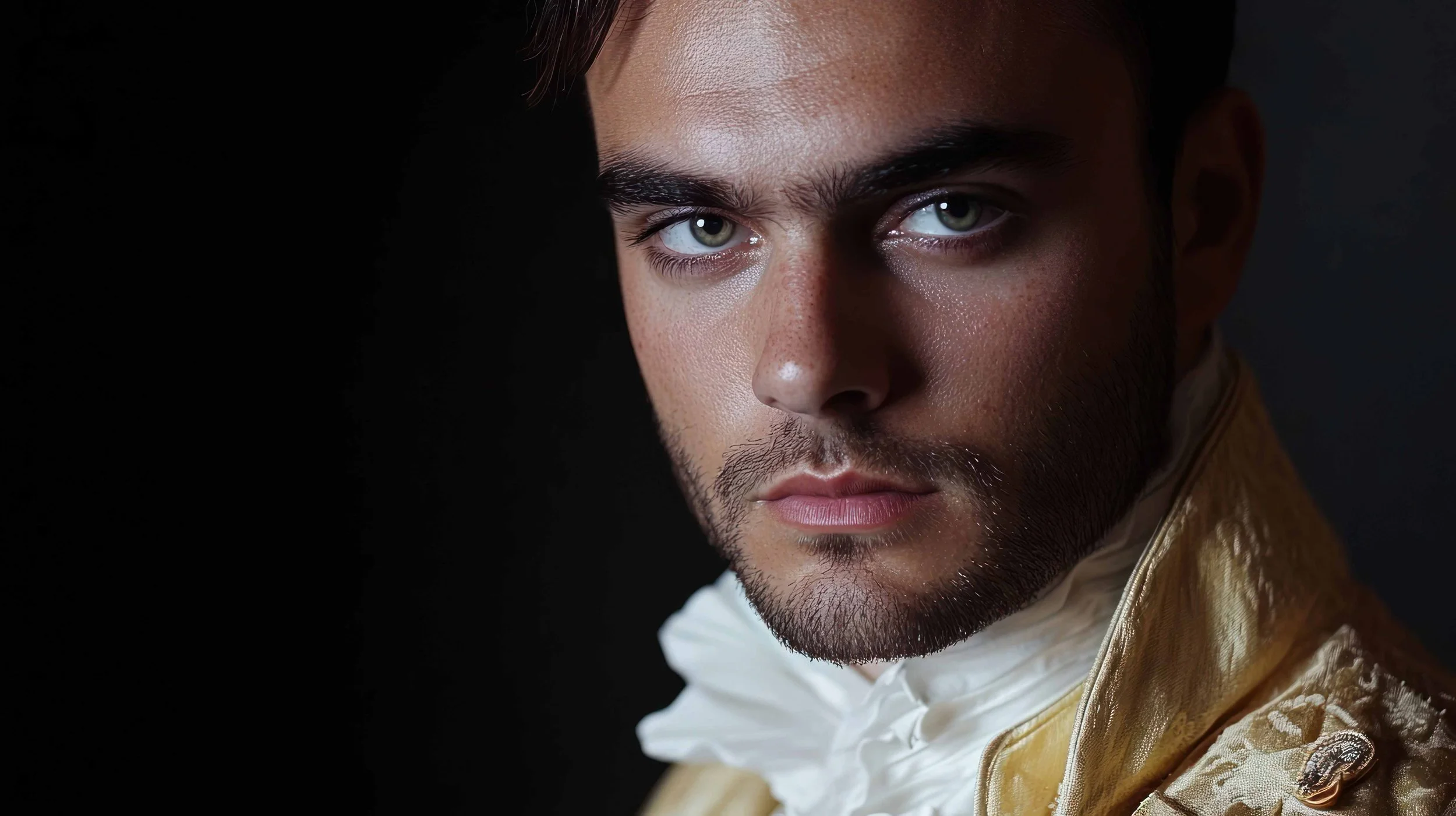 Close-up of a man who is an actor in his costume with light skin, short dark hair, and green eyes, wearing a gold and white outfit, with a dark background.