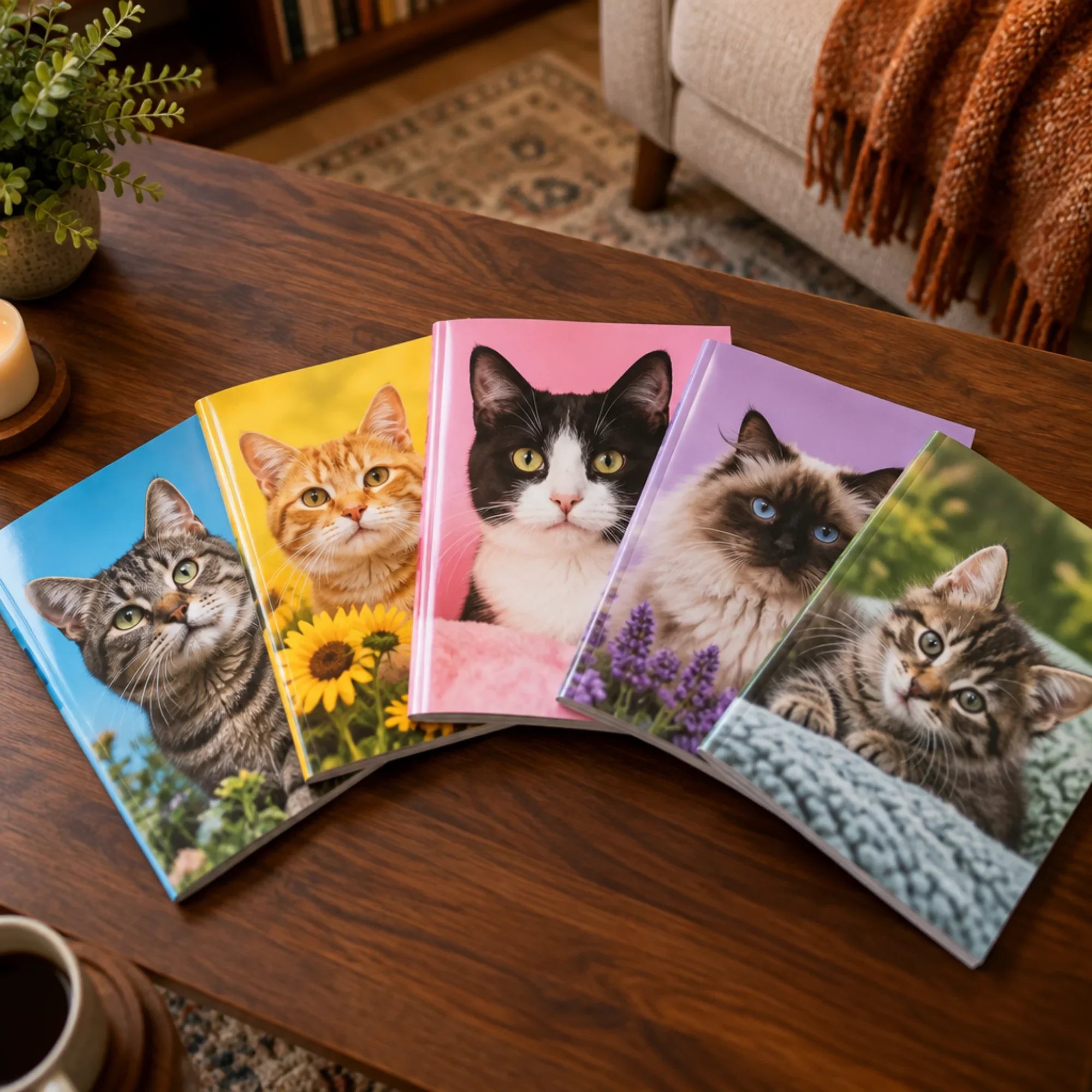 coffee table with colorful cat magazines on top fanned out into a semi circle