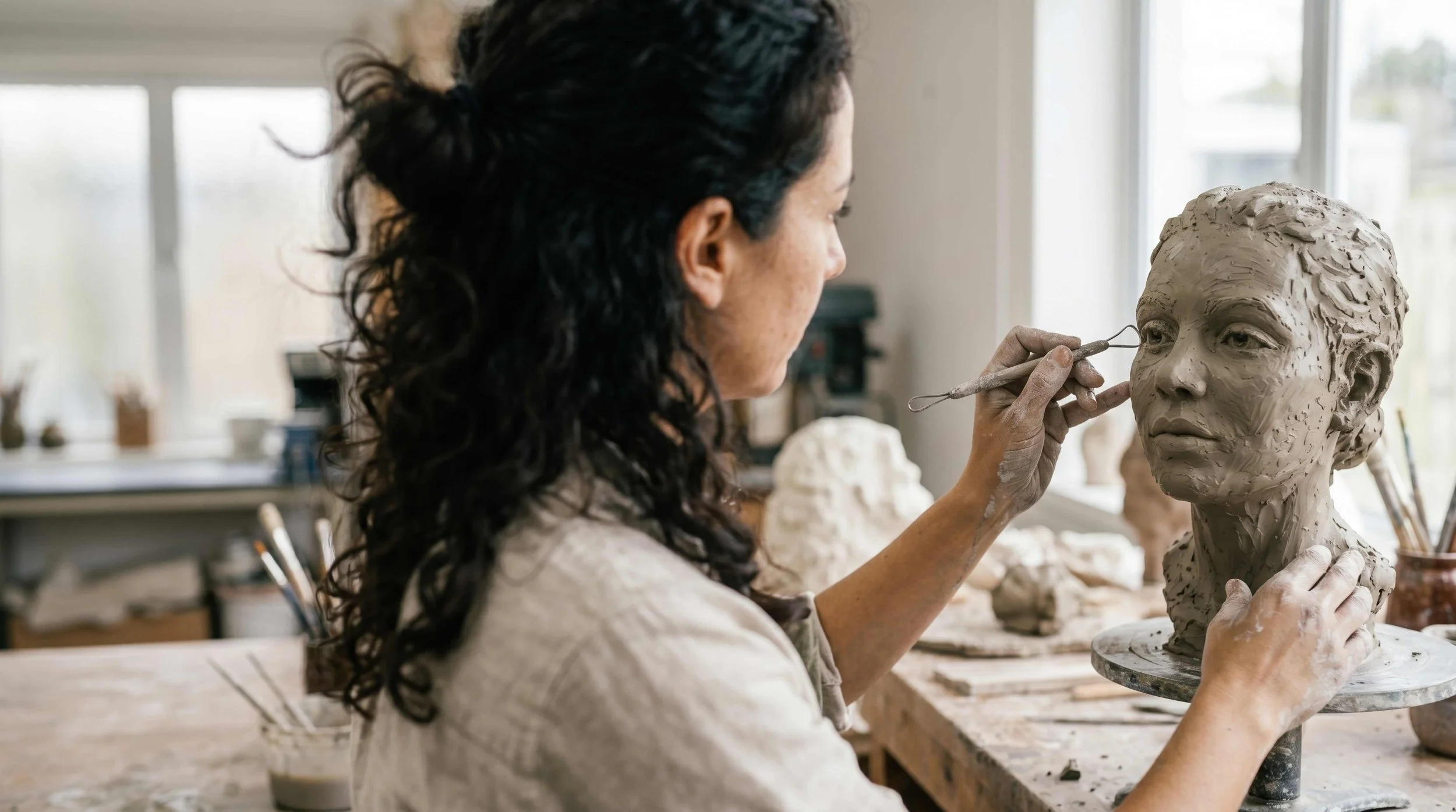 A female artist with dark, curly hair sculpting a life-sized clay bust of a person's head in an art studio with large windows.