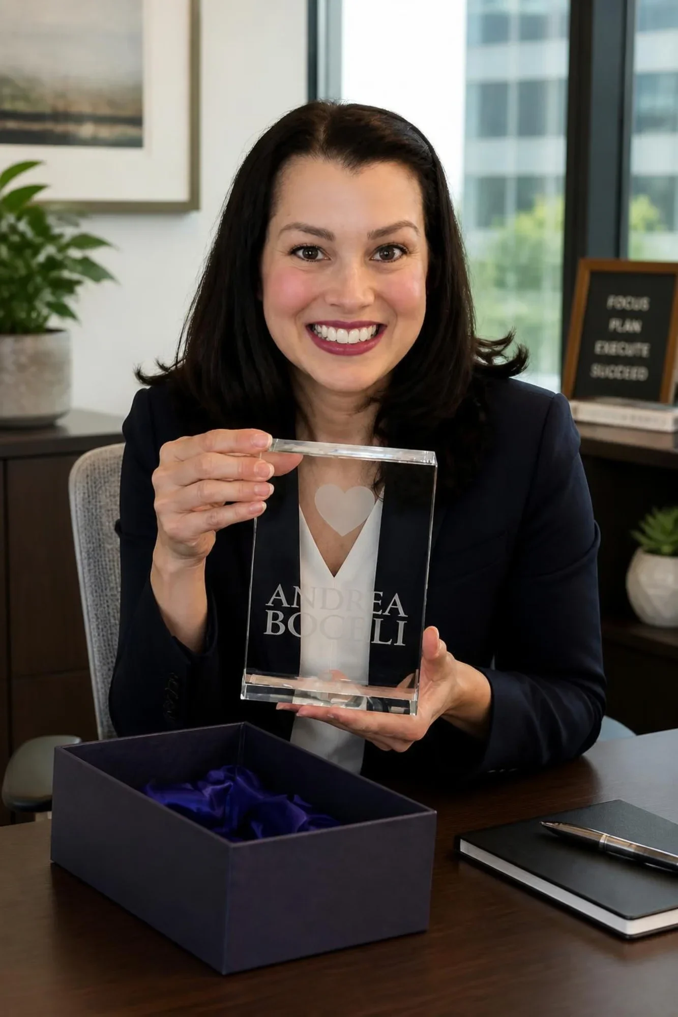 A woman with dark hair smiling and holding a clear glass award with the name 'Andrea Bocelli' engraved on it, sitting at a table with a dark blue box, a black notebook, and a pen, in an office setting with large windows and plants.