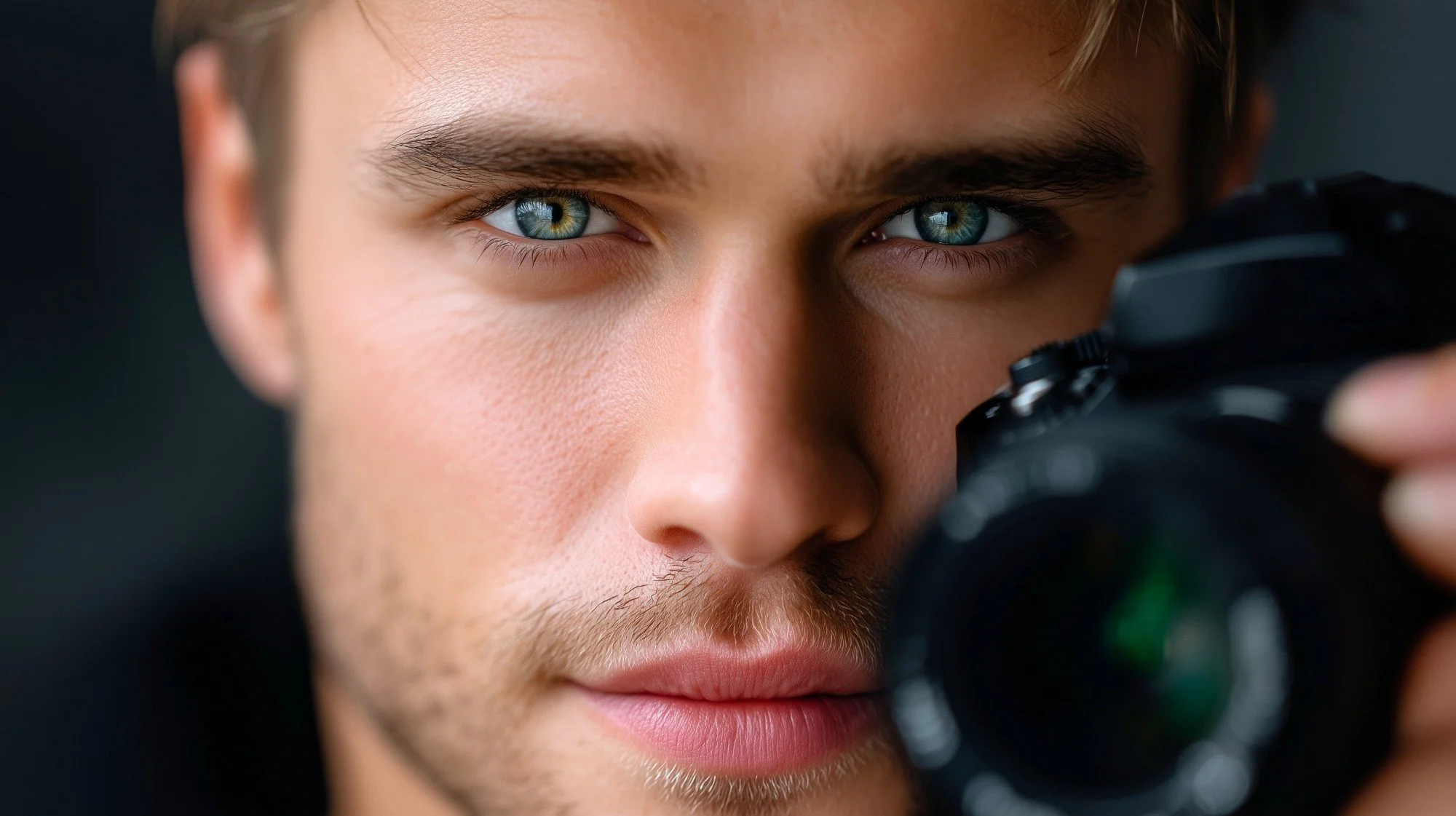 Close-up of a man looking through a camera with a focus on his blue eyes.