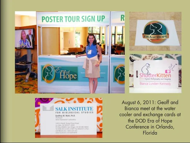 Photograph of a woman at a conference registration area with a sign reading 'POSTER TOUR SIGN UP'. Logos for 'Era of Hope' and 'ShutterKitten' are displayed, along with a name badge for 'Salk Institute for Biological Studies'. The scene is set at the DOD Era of Hope Conference in Orlando, Florida, on August 6, 2011.