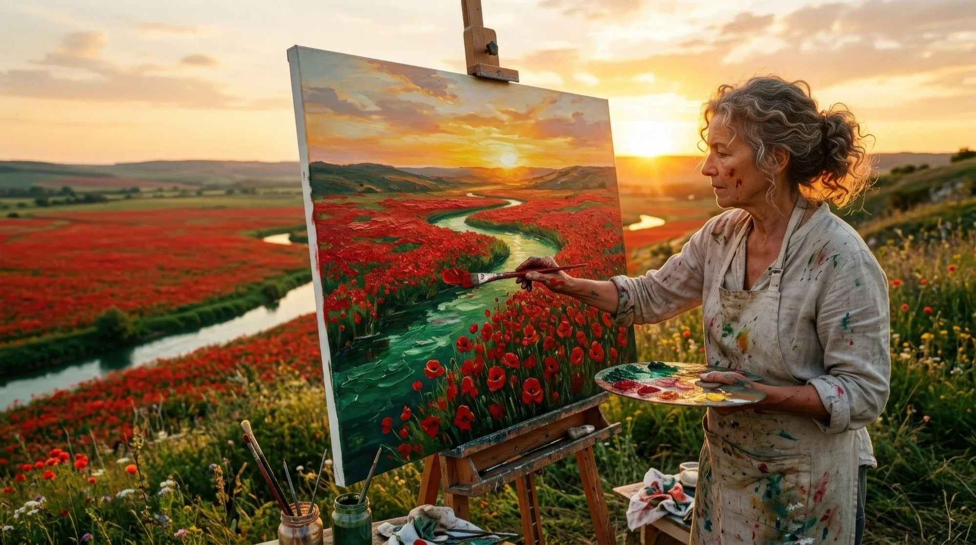 An elderly woman painting a landscape of a river flowing through a field of red flowers, with a sunset sky in the background, outdoors on a hill.