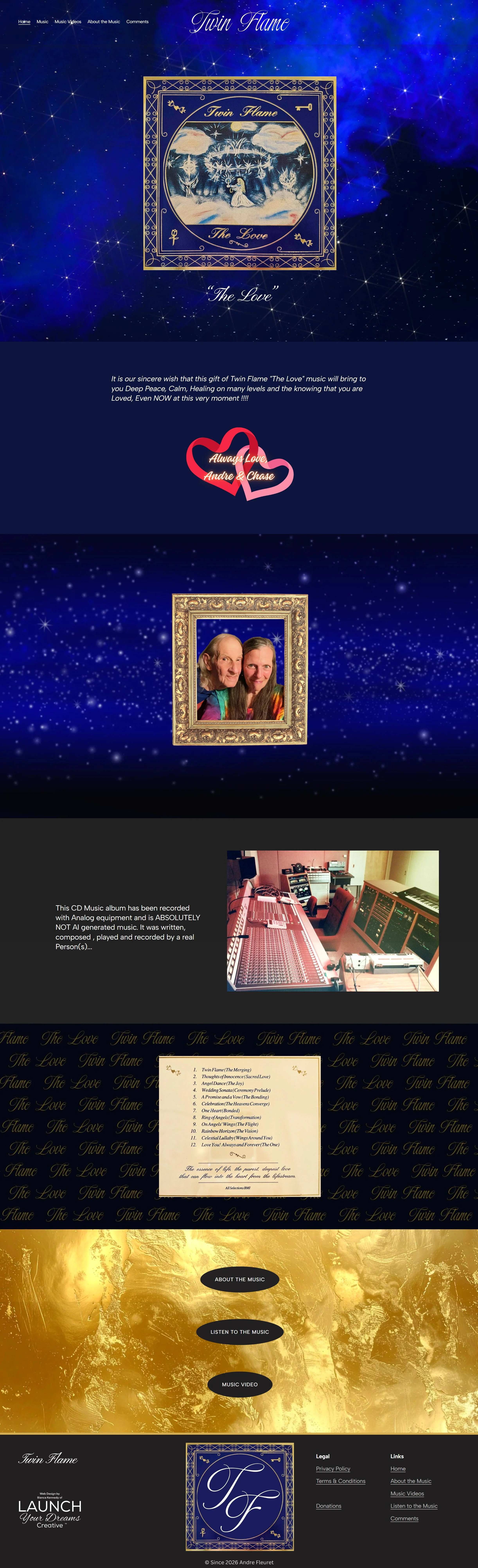 A colorful internet page featuring Twin Flame music album, with celestial backgrounds, framed images of an illustrated album cover and two people, and links related to the music.