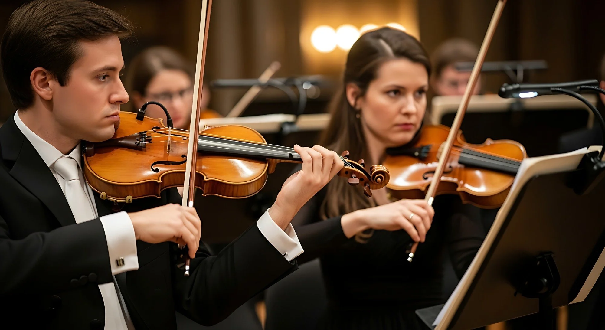 Orchestra musicians playing violins during a concert, dressed in formal attire.