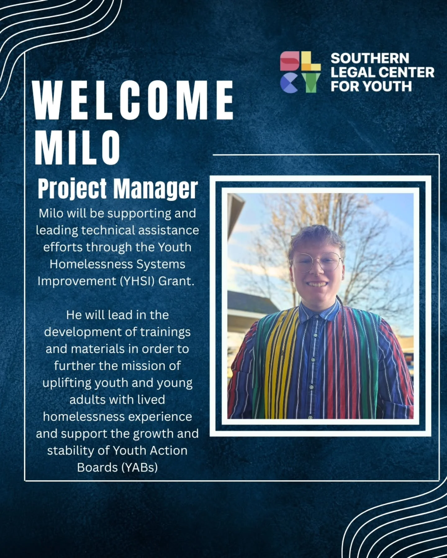 We are happy to announce Milo Edwards as our new Project Manager at the Southern Legal Center for Youth! Milo is a young person with lived experience and over 7 years of professional experience in youth homelessness and housing systems work. He will 