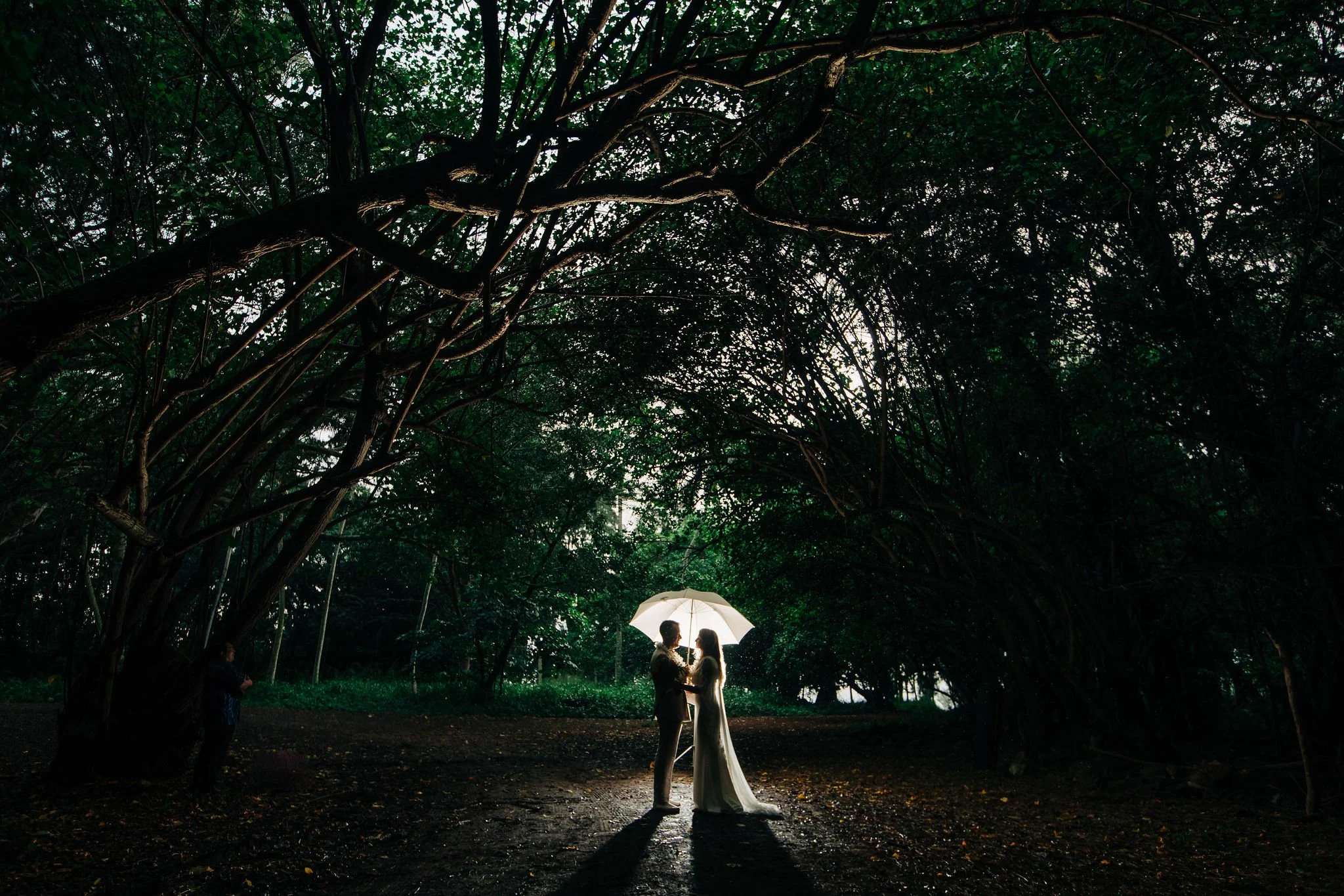 A couple stands holding an umbrella at night under a canopy of trees, with silhouetted figures and dark surroundings.