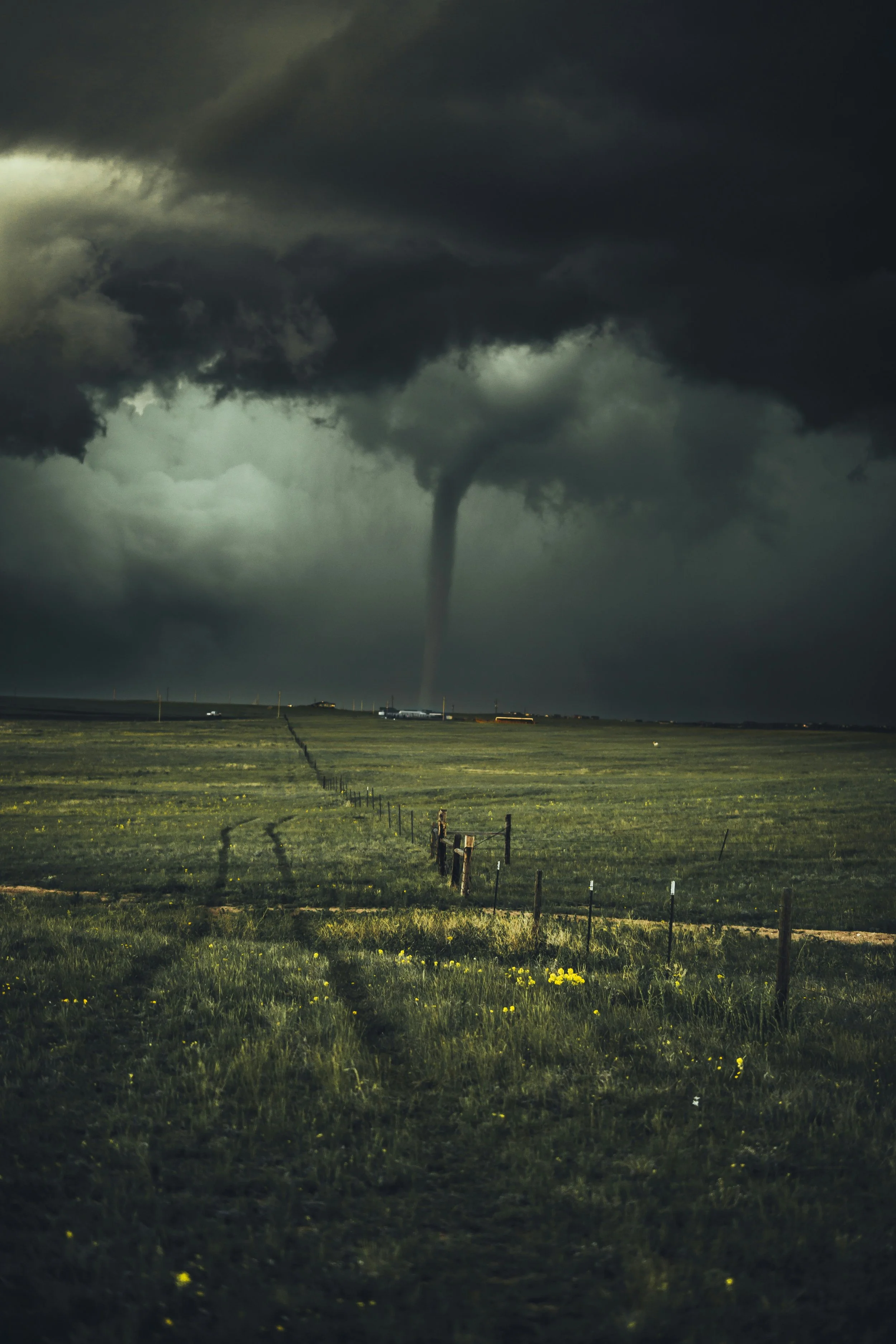 A field with a stormy sky and tornado in the distance
