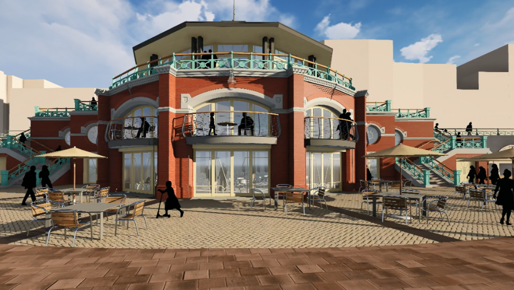 A multi-level building with outdoor seating, stairs on both sides, and a large terrace, resembling a cafe or restaurant by the water with cloudy sky.