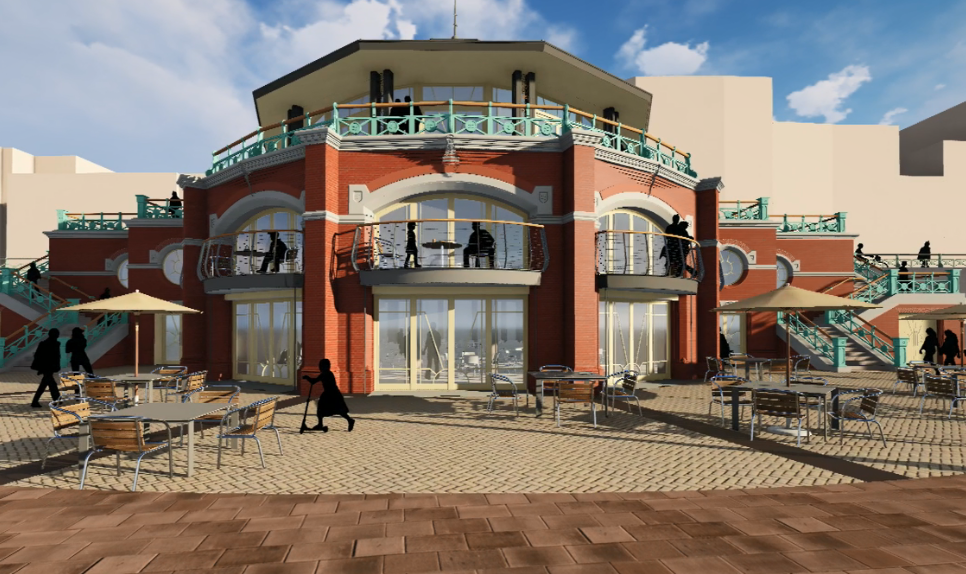 A two-story building with red brick exterior and large windows, outdoor patio with tables and chairs, and staircases on both sides leading to the upper level. There are silhouettes of people walking and sitting, with umbrellas and a clear blue sky.