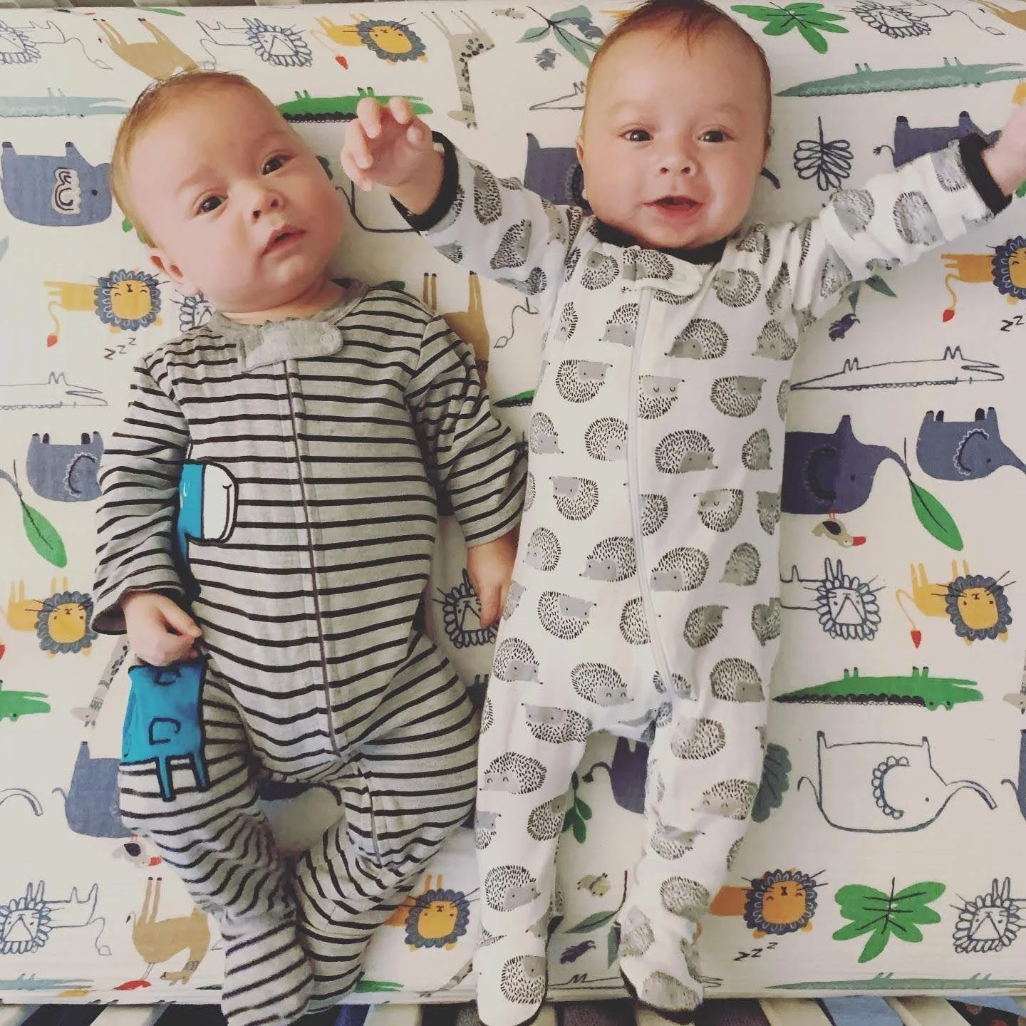 Two babies lying on a colorful, animal-printed bedsheet, holding hands, wearing striped and hedgehog print pajamas.