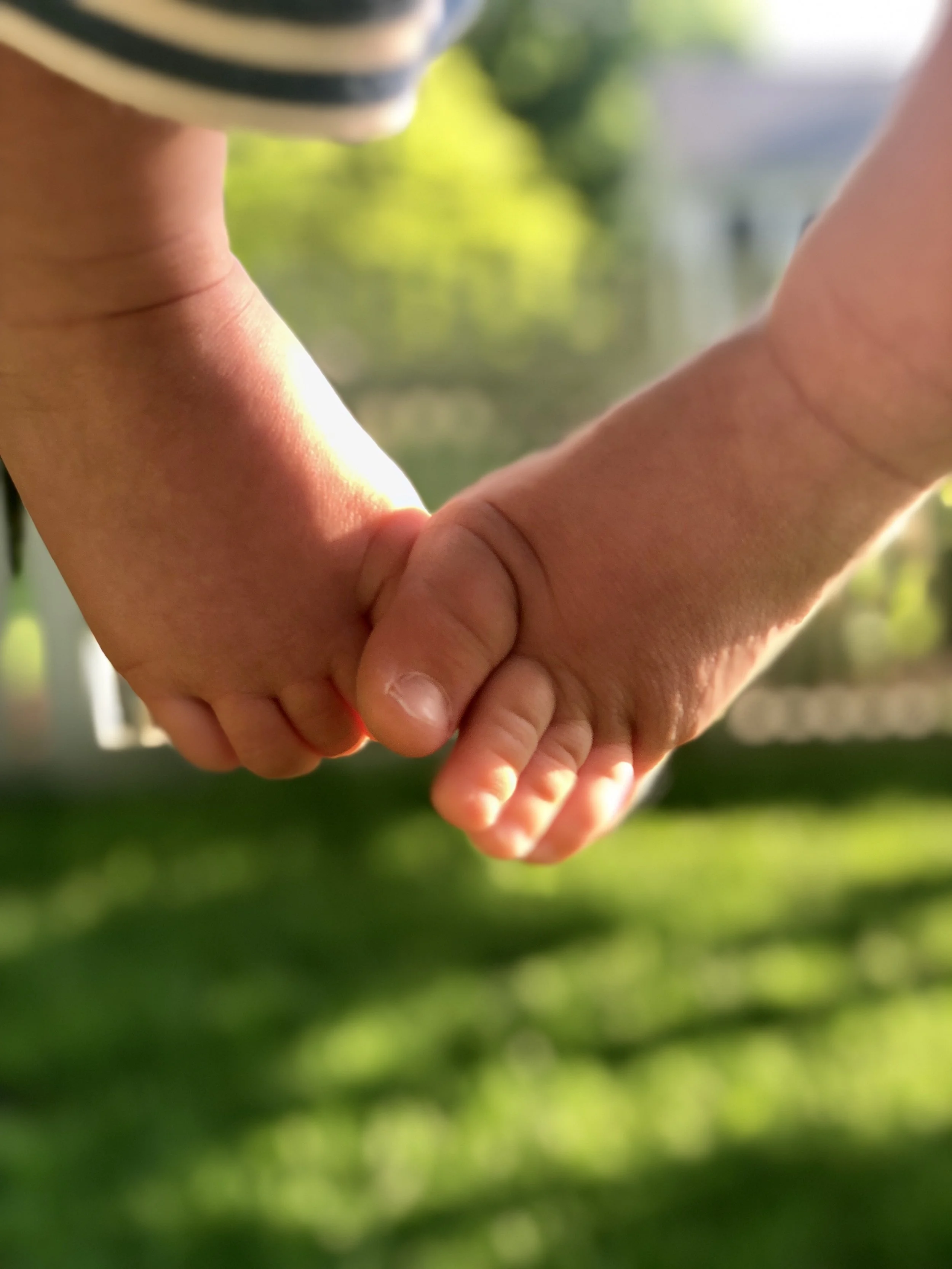 Two children holding hands outdoors with a blurry background of grass and trees.