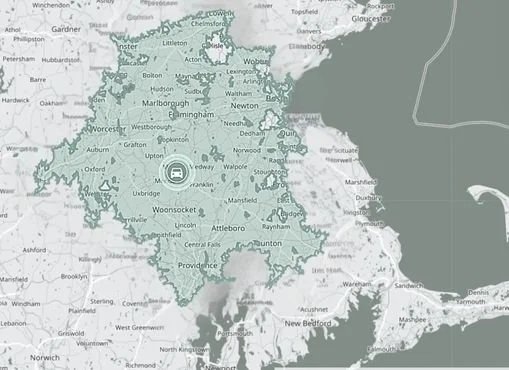 Map of Massachusetts and surrounding areas highlighting city boundaries and water bodies.