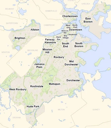 Map of Boston neighborhoods and nearby areas, including East Boston, South Boston, Roxbury, Jamaica Plain, West Roxbury, Hyde Park, Mattapan, Roslindale, and surrounding regions.