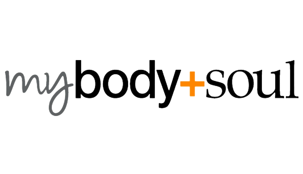 Logo with the text "mybody+soul" in black and gray font, with an orange plus sign in the center