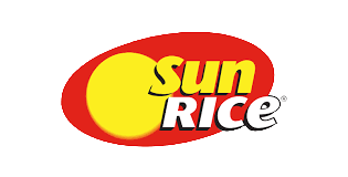 Logo for Sun Rice with a yellow sun and red background