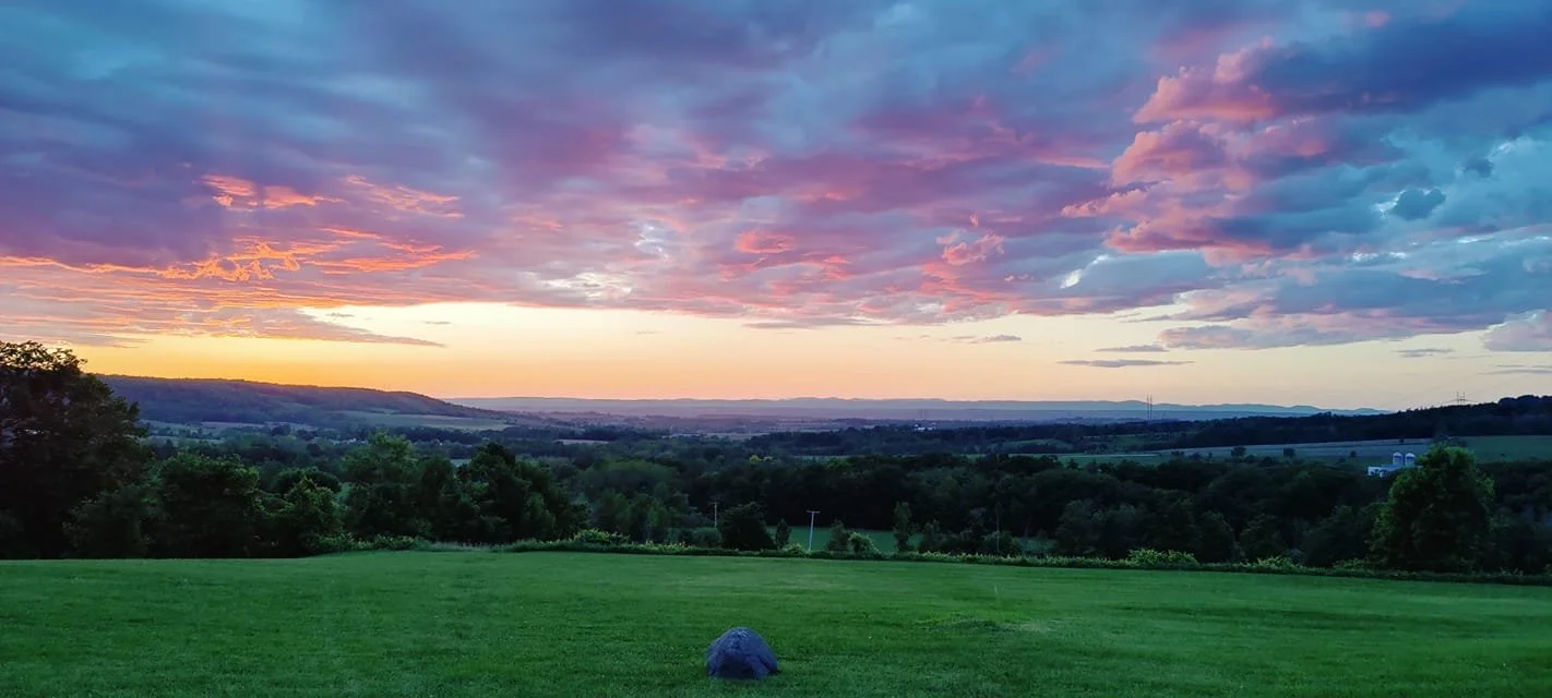 Sunset over a green landscape with sky filled with pink and purple clouds, distant hills, trees, and a large rock in the foreground.