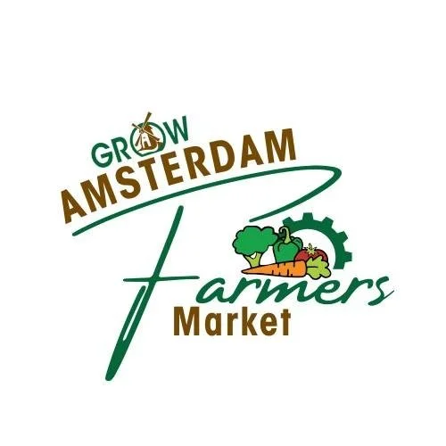 Logo for the Amsterdam Farmers Market featuring a green tree, vegetables, and a gear, with the text 'Grow Amsterdam Farmers Market'.